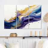 Designart "Blue, Gold And Purple Splash Paint V" Modern Spiral Canvas Art Print - 3 Panels