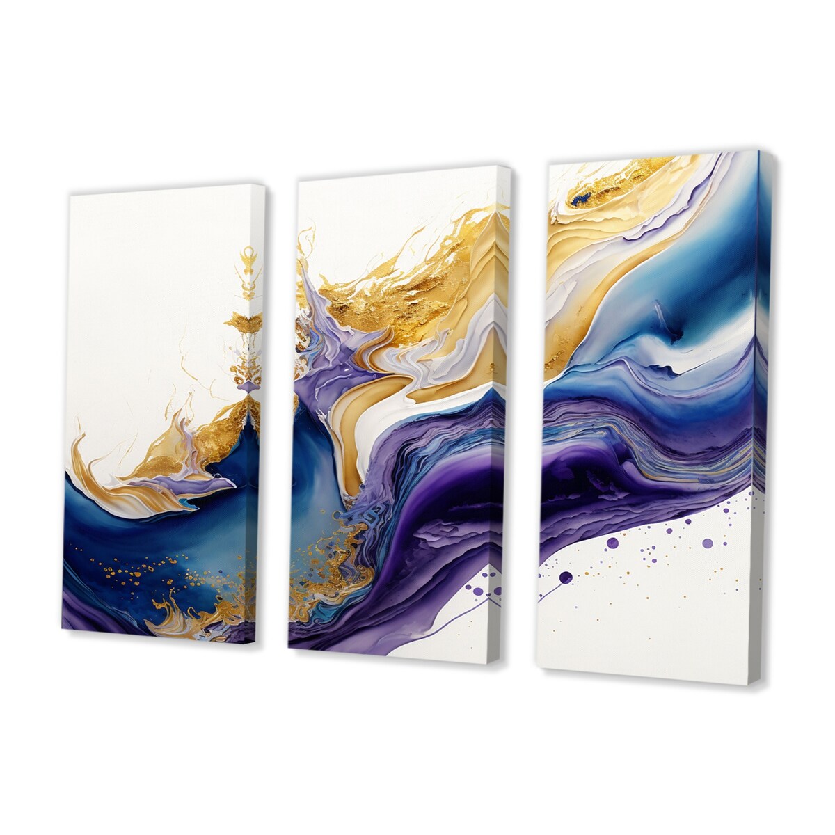 Designart "Blue, Gold And Purple Splash Paint V" Modern Spiral Canvas Art Print - 3 Panels