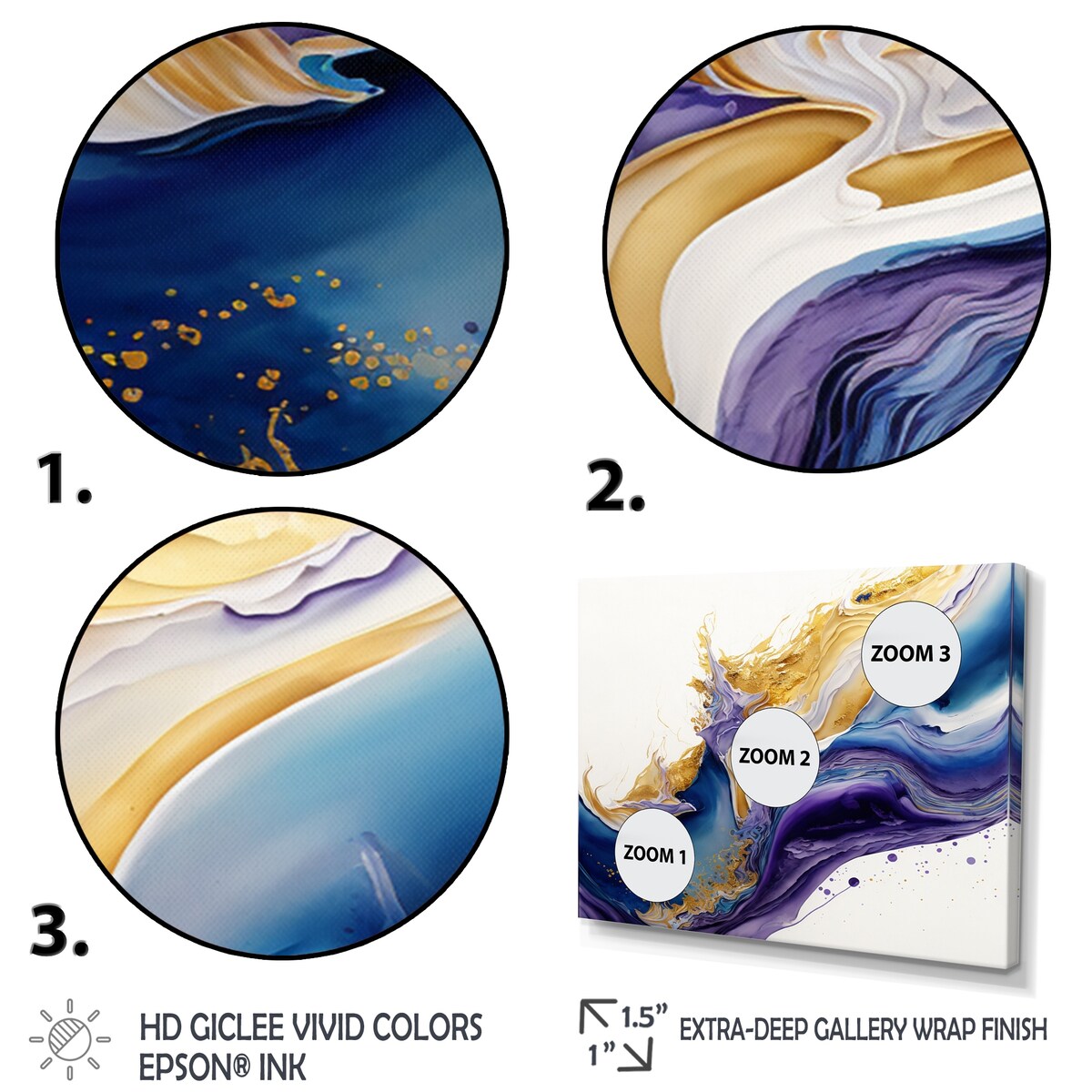 Designart "Blue, Gold And Purple Splash Paint V" Modern Spiral Canvas Art Print - 3 Panels