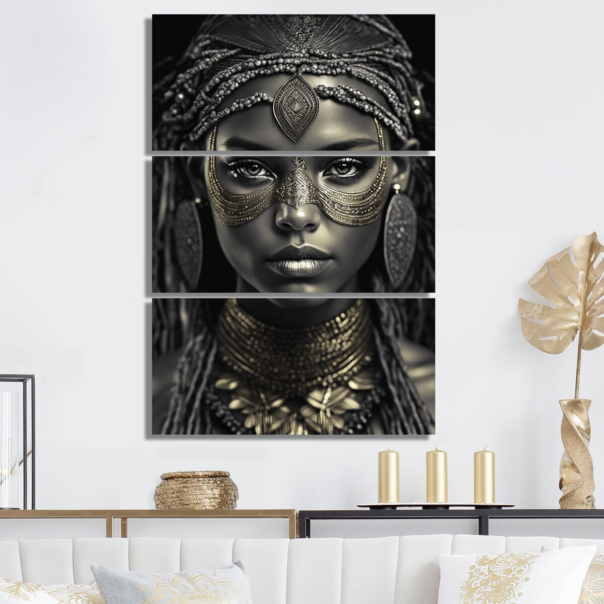 Designart "Bohemian Headdress Vintage Gold" Boho Woman Canvas Art Print - 3 Panels