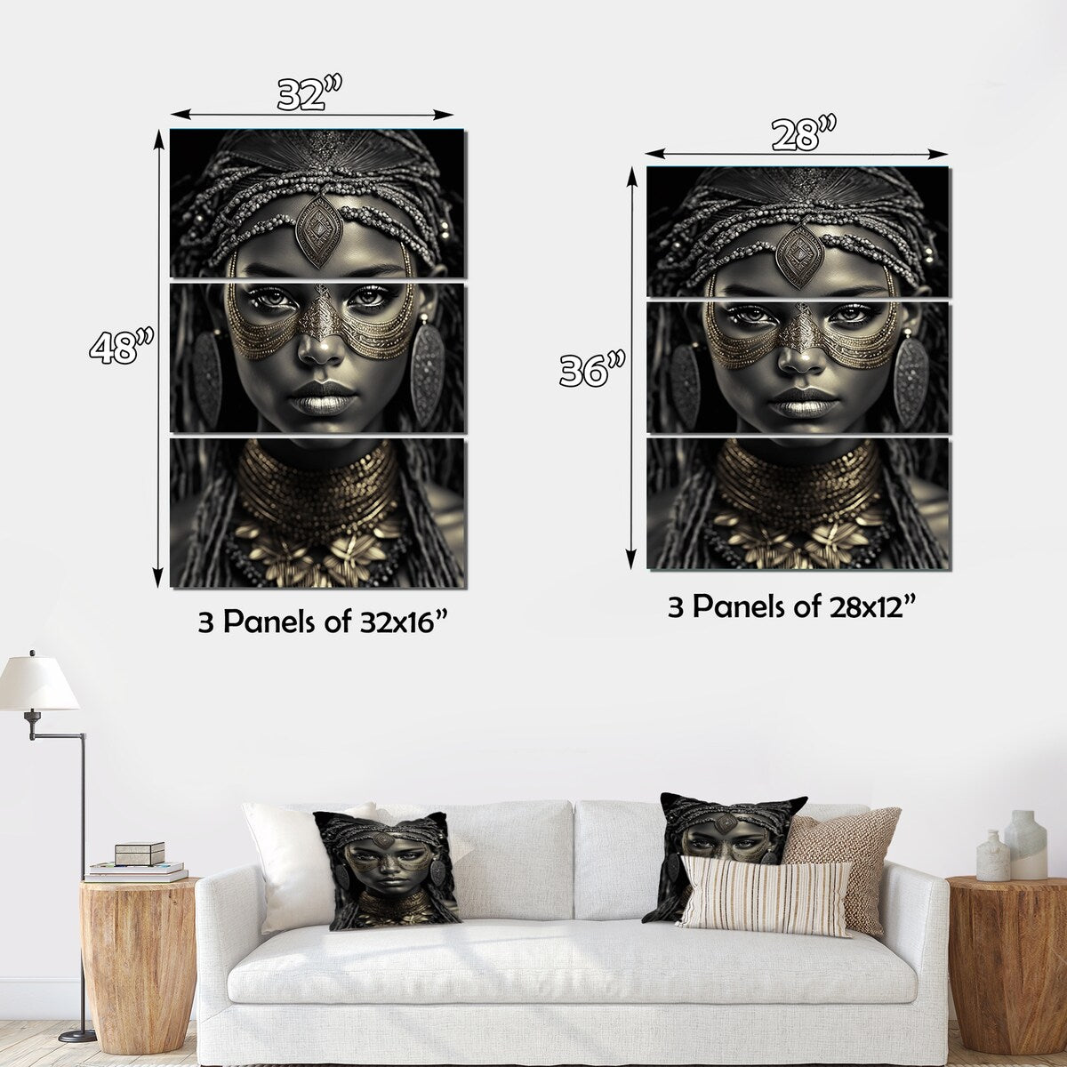 Designart "Bohemian Headdress Vintage Gold" Boho Woman Canvas Art Print - 3 Panels