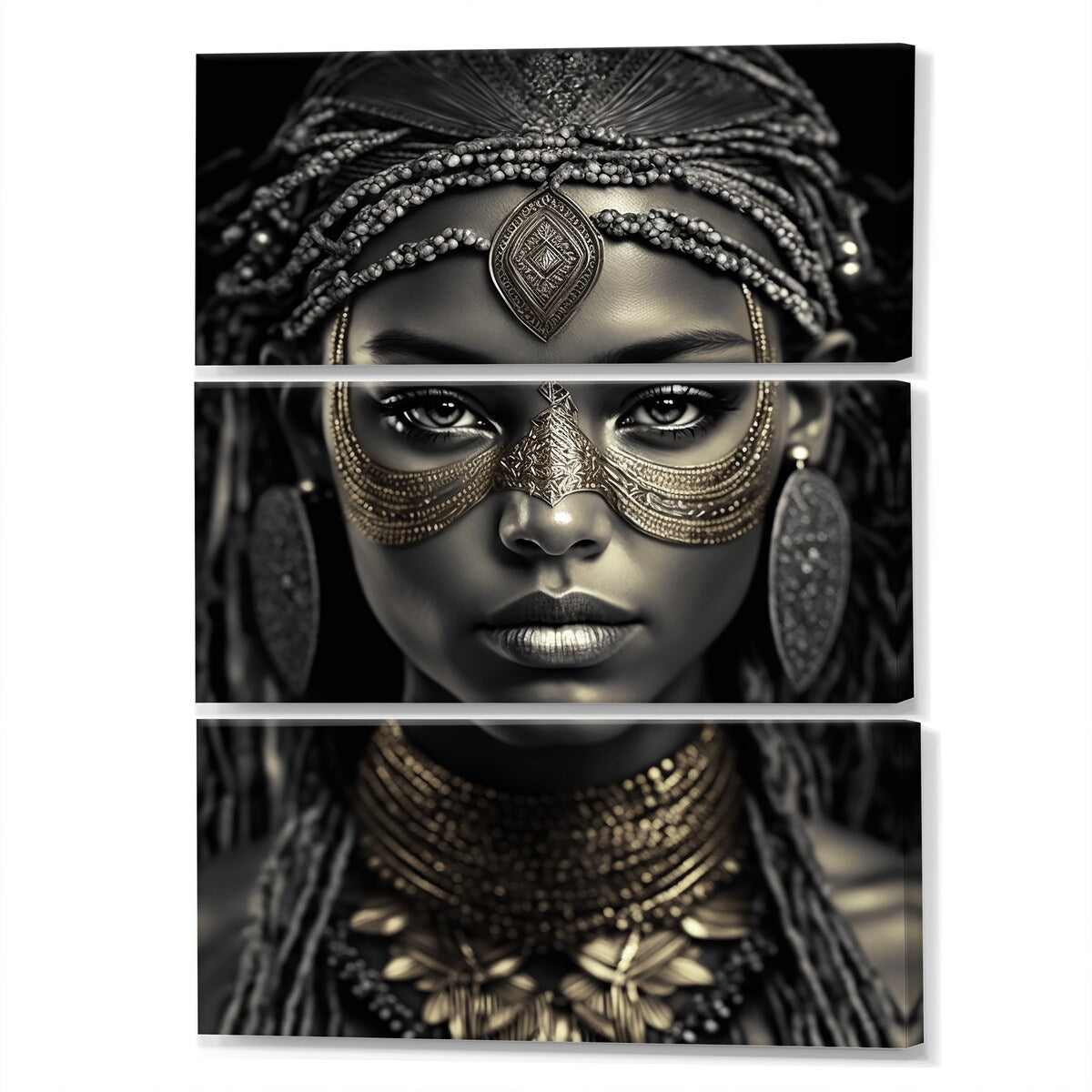 Designart "Bohemian Headdress Vintage Gold" Boho Woman Canvas Art Print - 3 Panels