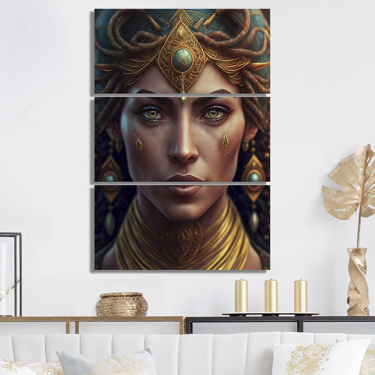 Designart "Bohemian Queen With Golden Necklace" Boho Woman Canvas Art Print - 3 Panels