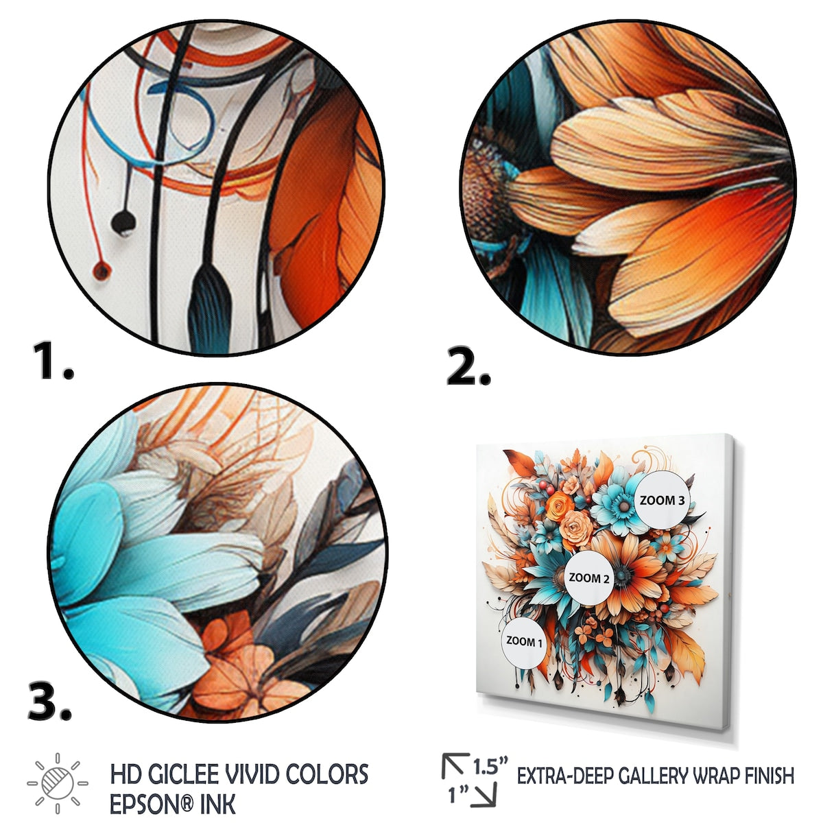 Designart "Boho Flowers Bouquet In Blue And Amber Orange" Abstract Botanicals Framed Canvas Prints