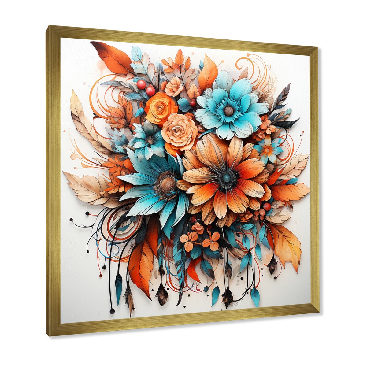 Designart "Boho Flowers Bouquet In Blue And Amber Orange" Abstract Botanicals Framed Canvas Prints