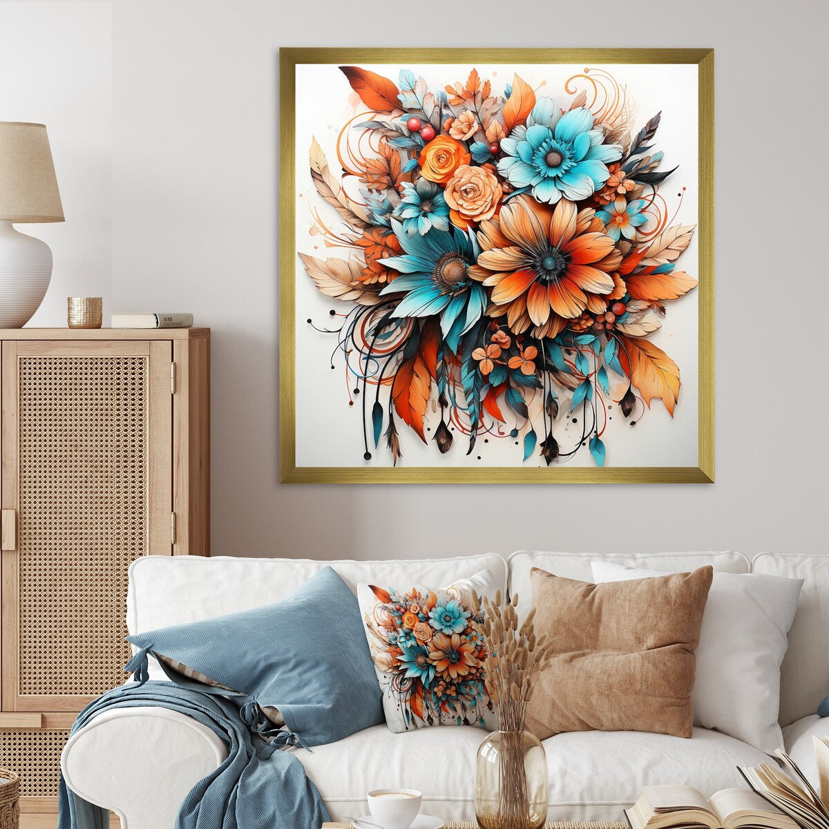 Designart "Boho Flowers Bouquet In Blue And Amber Orange" Abstract Botanicals Framed Canvas Prints
