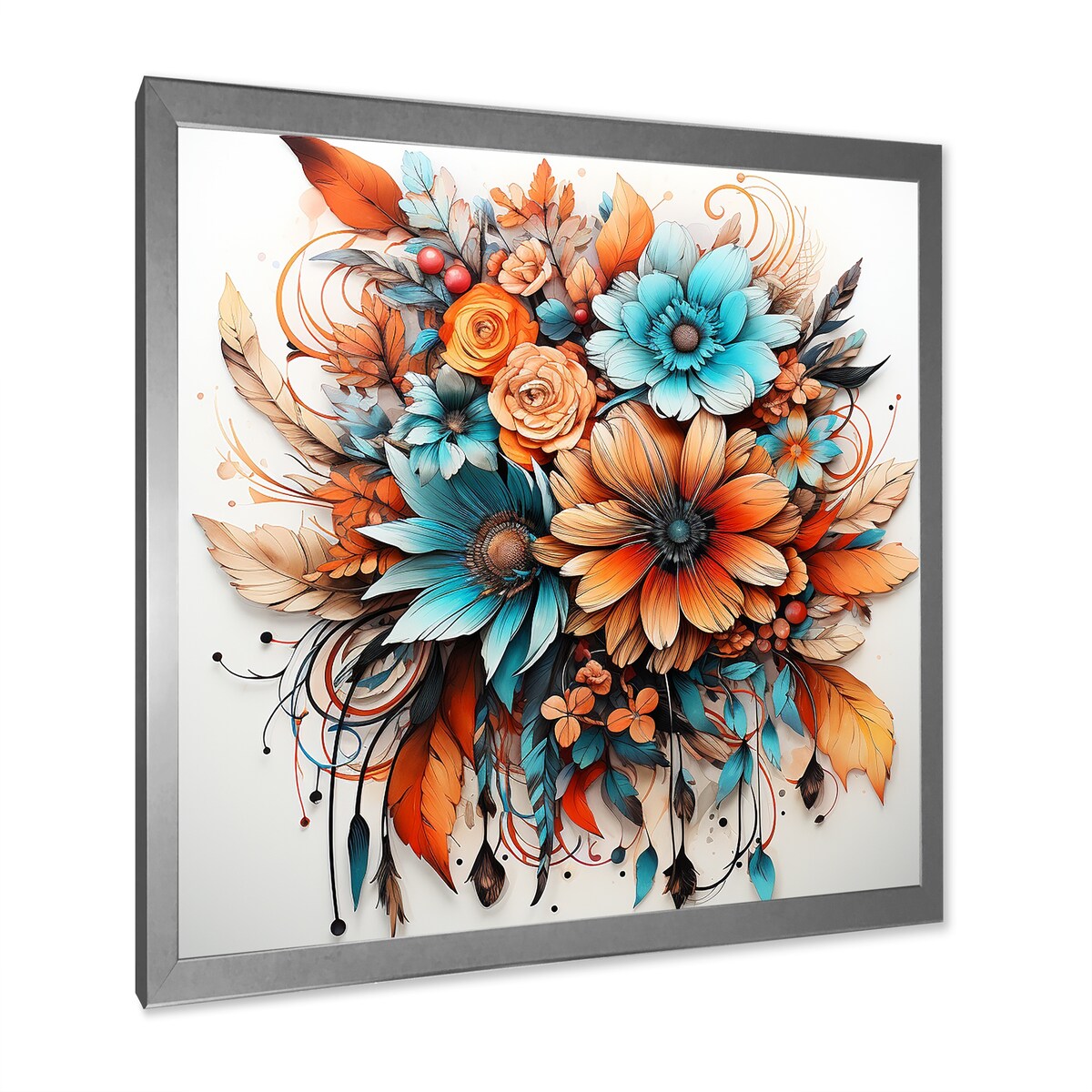 Designart "Boho Flowers Bouquet In Blue And Amber Orange" Abstract Botanicals Framed Canvas Prints