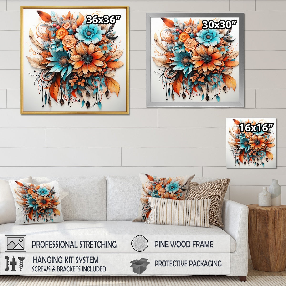 Designart "Boho Flowers Bouquet In Blue And Amber Orange" Abstract Botanicals Framed Canvas Prints