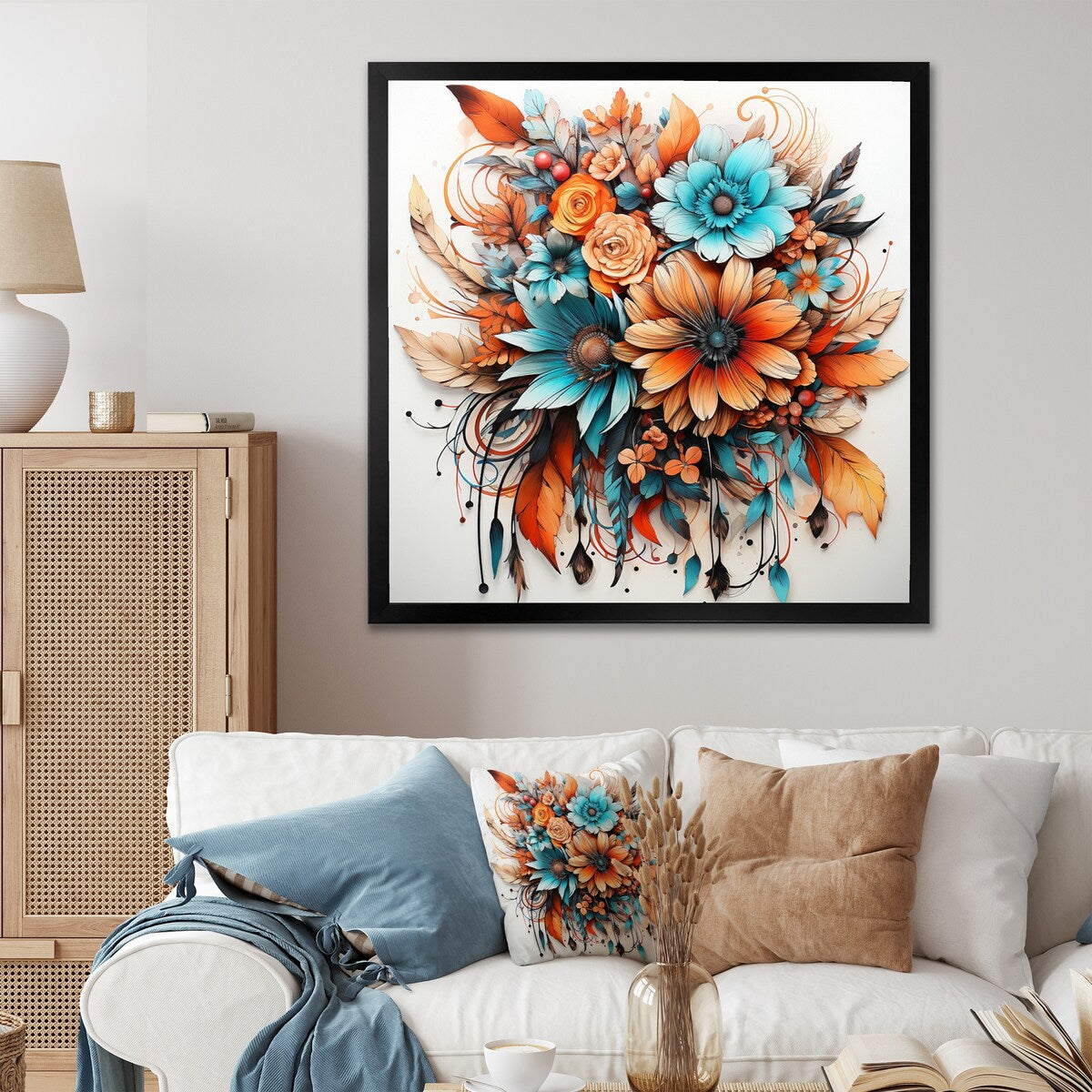 Designart "Boho Flowers Bouquet In Blue And Amber Orange" Abstract Botanicals Framed Canvas Prints