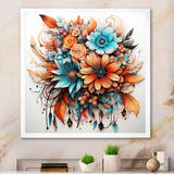 Designart "Boho Flowers Bouquet In Blue And Amber Orange" Abstract Botanicals Framed Canvas Prints