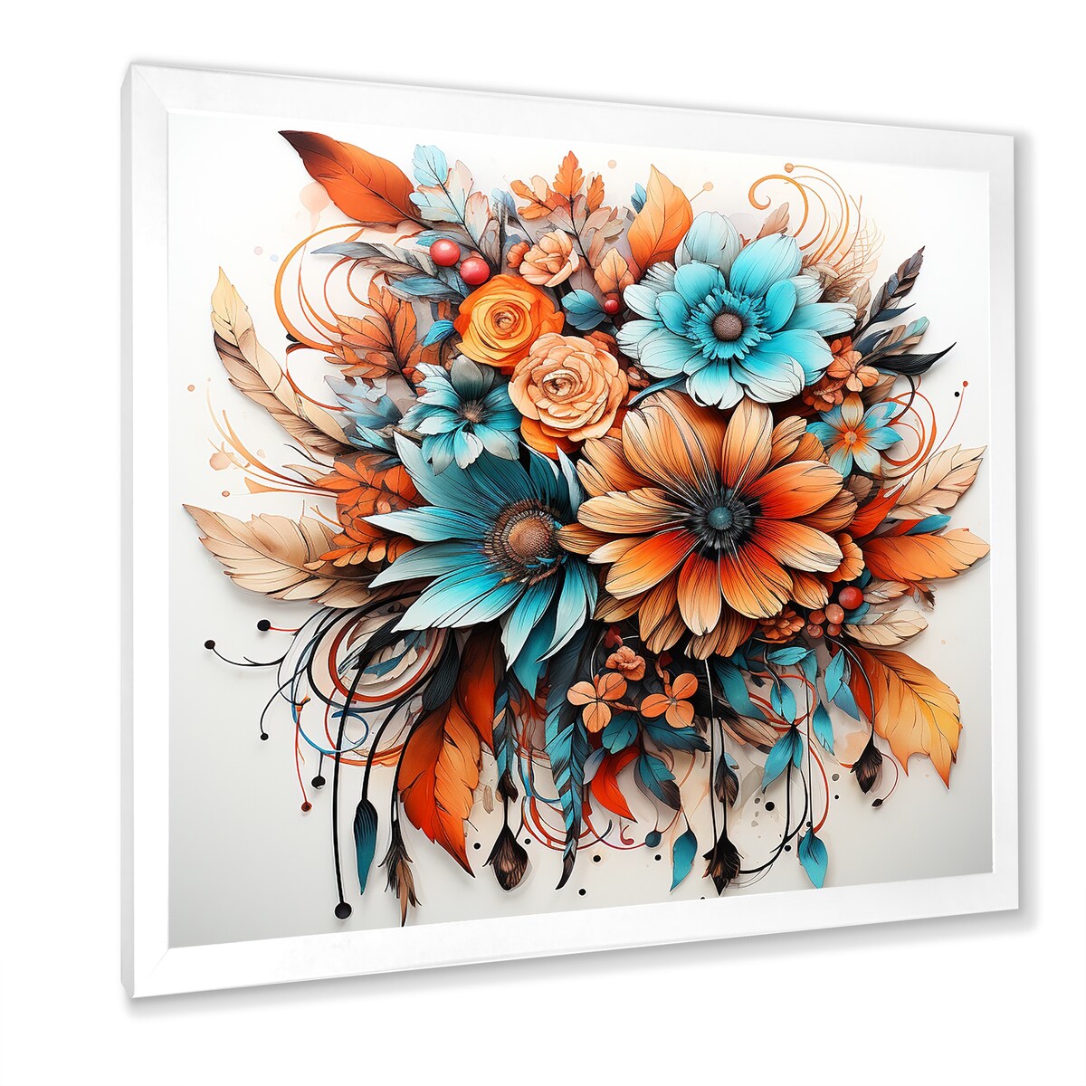Designart "Boho Flowers Bouquet In Blue And Amber Orange" Abstract Botanicals Framed Canvas Prints