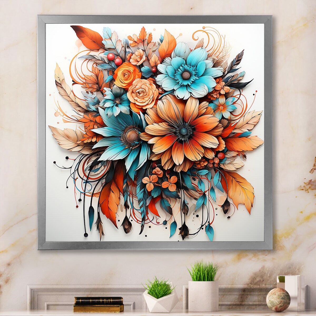 Designart "Boho Flowers Bouquet In Blue And Amber Orange" Abstract Botanicals Framed Canvas Prints
