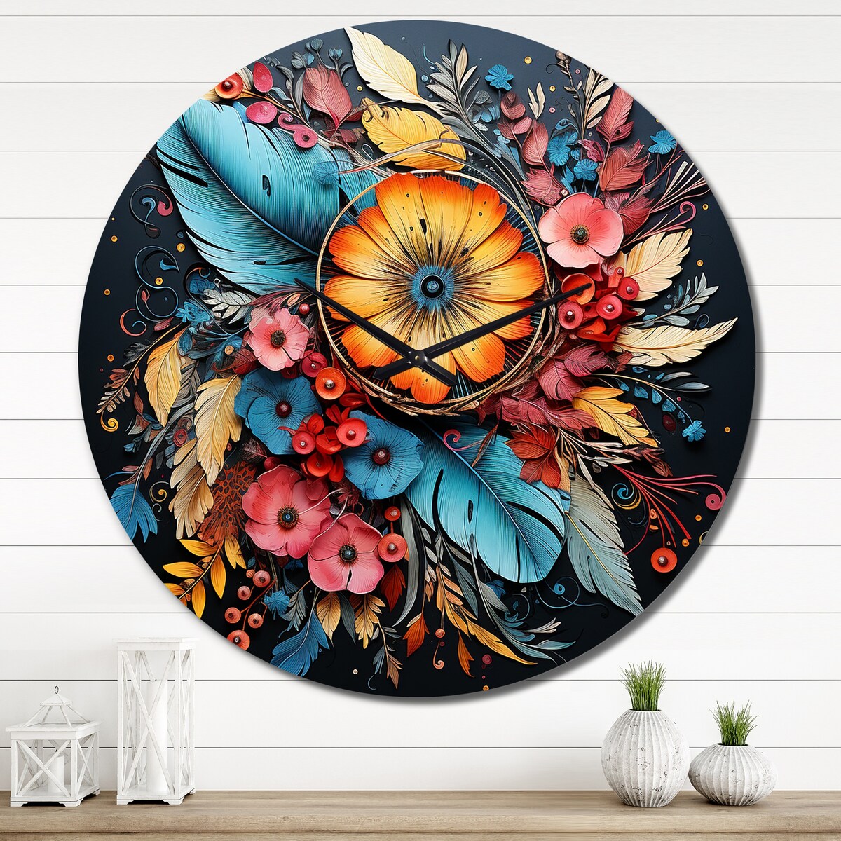 Designart "Boho Flowers Bouquet In Blue And Gold I" Abstract Botanicals Oversized Wall Clock