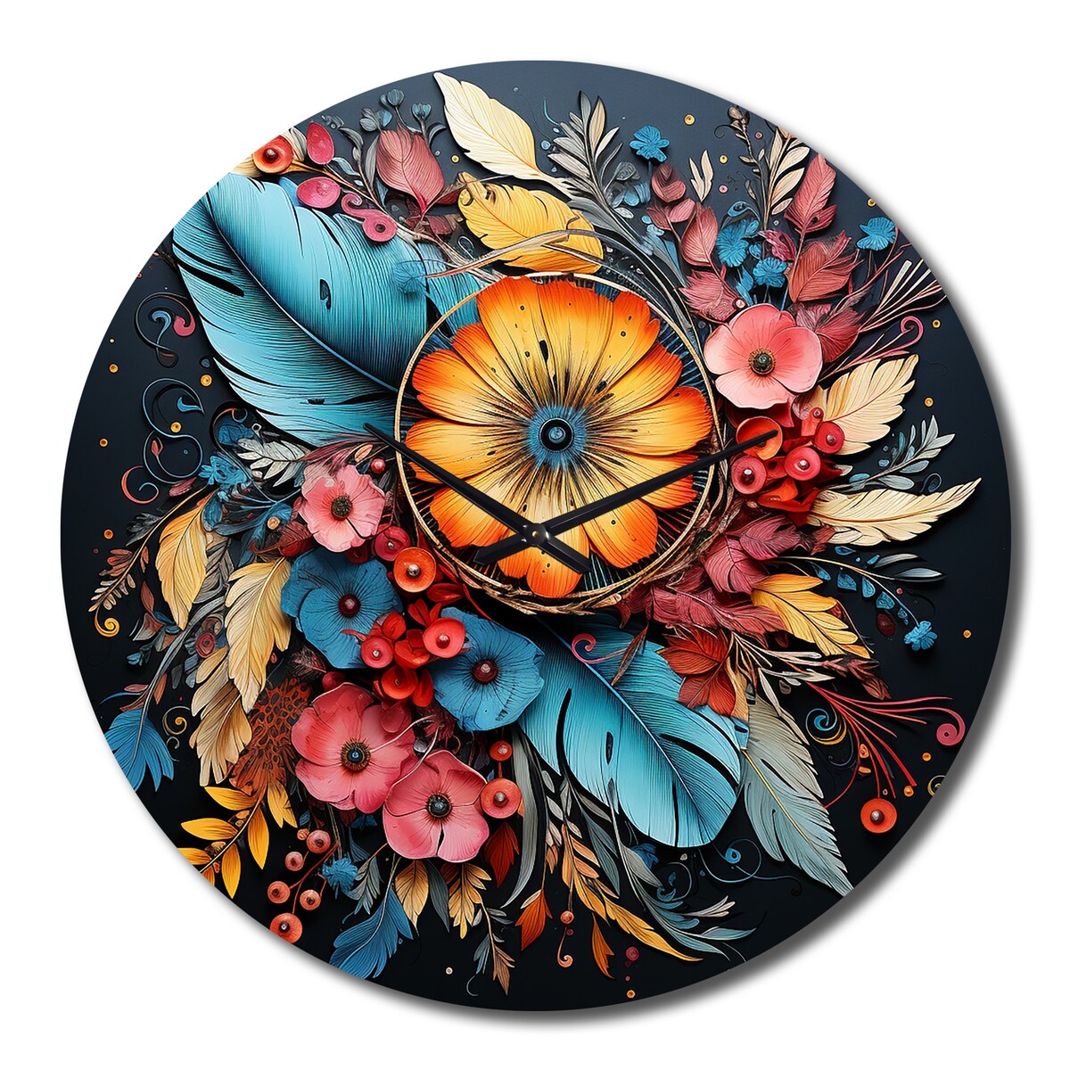 Designart "Boho Flowers Bouquet In Blue And Gold I" Abstract Botanicals Oversized Wall Clock