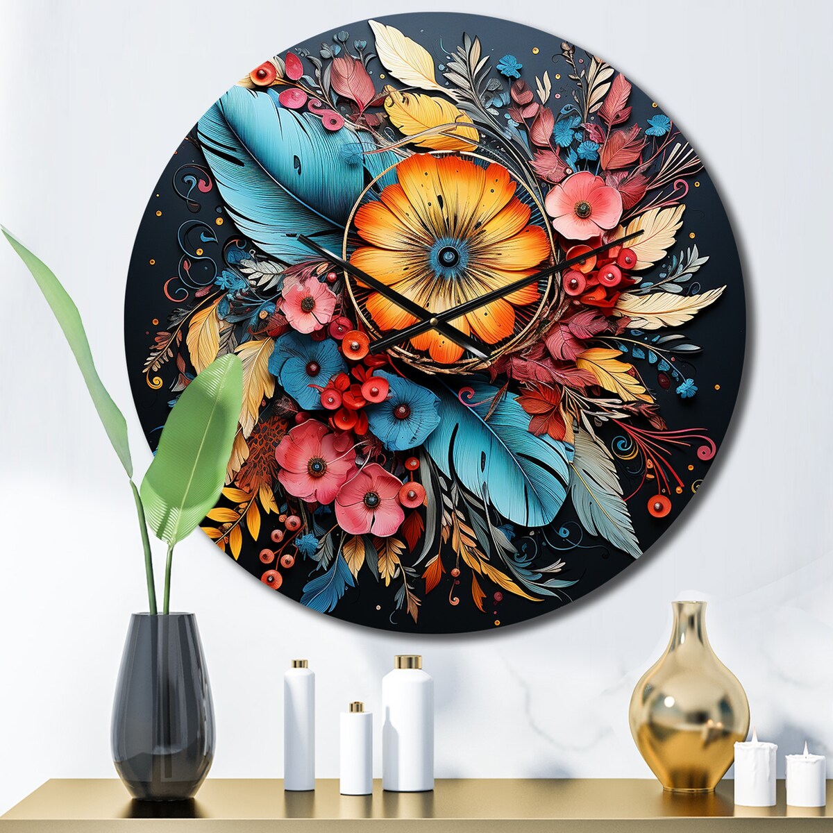 Designart "Boho Flowers Bouquet In Blue And Gold I" Abstract Botanicals Oversized Wall Clock