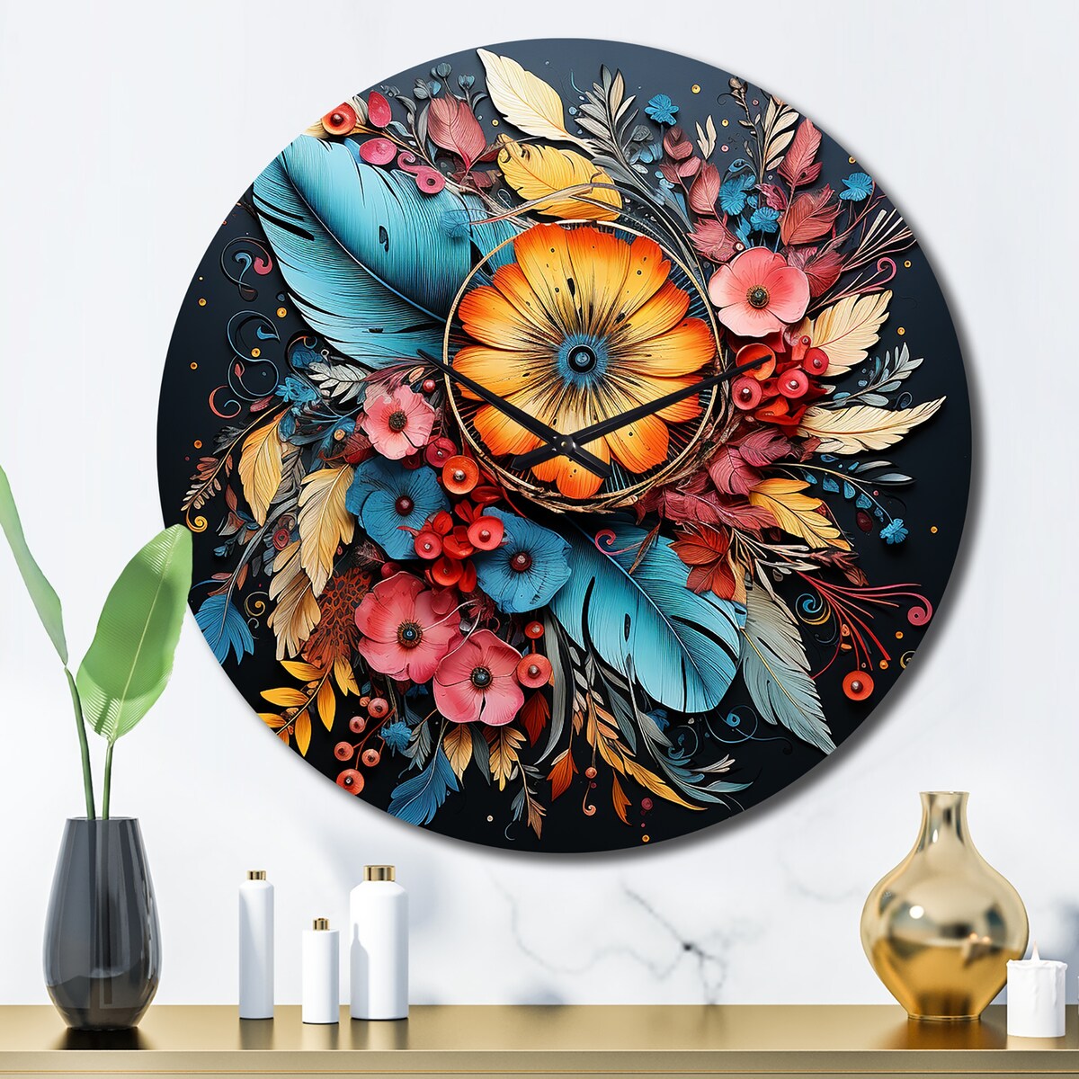 Designart "Boho Flowers Bouquet In Blue And Gold I" Abstract Botanicals Oversized Wall Clock