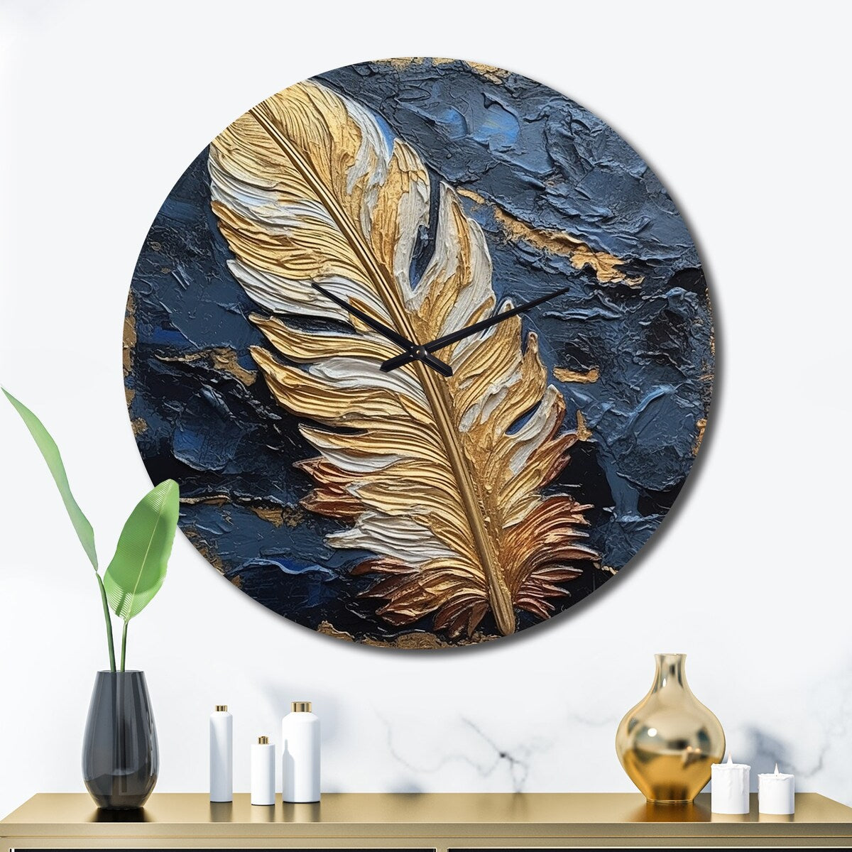 Designart "Boho Glam Exquisite Gold On Blue Feather III" Feathers Oversized Wall Clock