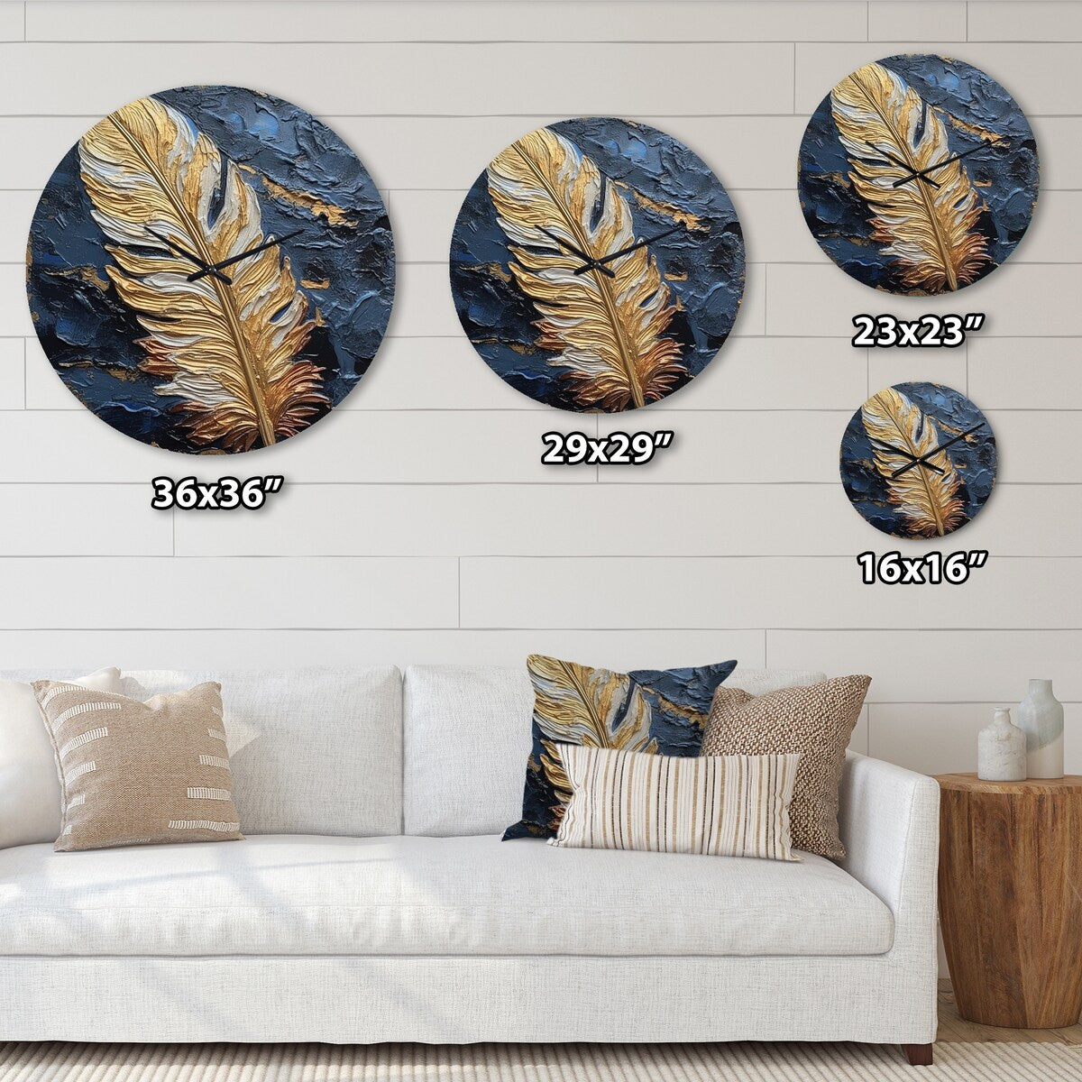 Designart "Boho Glam Exquisite Gold On Blue Feather III" Feathers Oversized Wall Clock