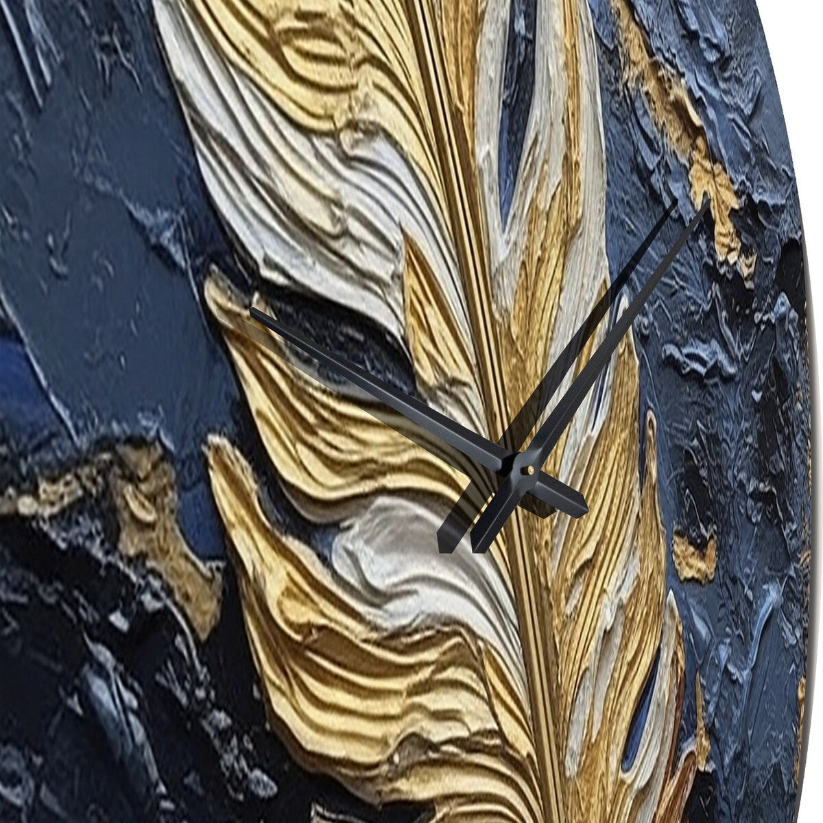 Designart "Boho Glam Exquisite Gold On Blue Feather III" Feathers Oversized Wall Clock