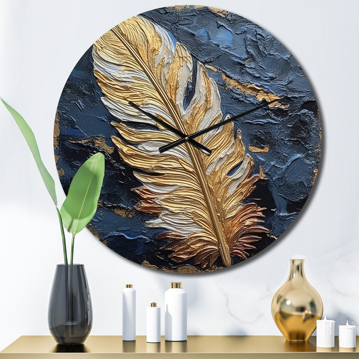 Designart "Boho Glam Exquisite Gold On Blue Feather III" Feathers Oversized Wall Clock