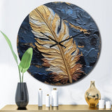 Designart "Boho Glam Exquisite Gold On Blue Feather III" Feathers Oversized Wall Clock