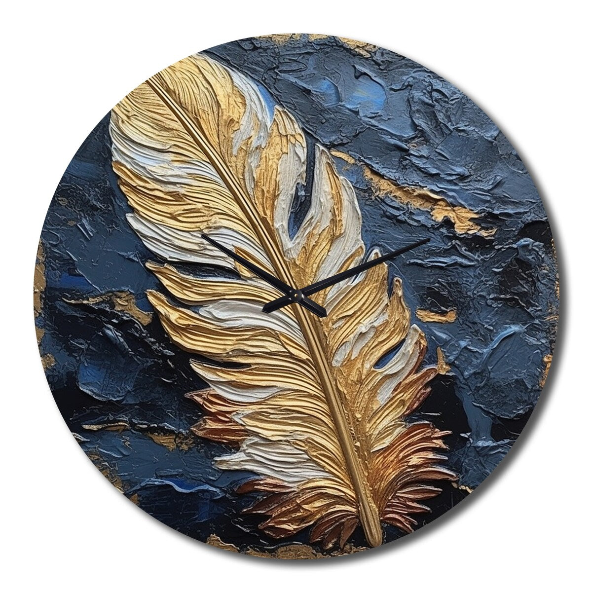 Designart "Boho Glam Exquisite Gold On Blue Feather III" Feathers Oversized Wall Clock