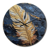 Designart "Boho Glam Exquisite Gold On Blue Feather III" Feathers Oversized Wall Clock