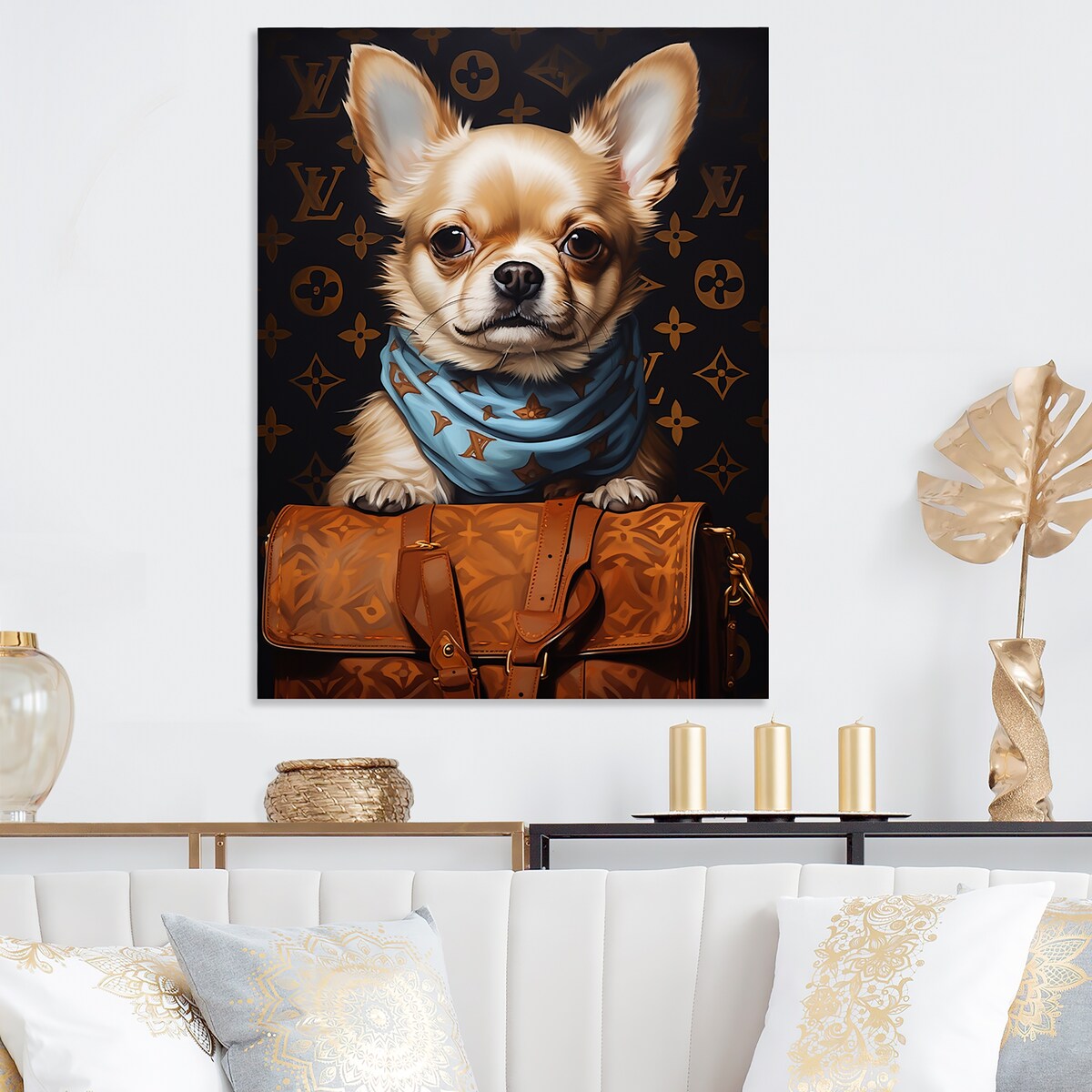 Designart "Boston Terrier Glam With Fashion Bag II" Dog Glam Metal Wall Art Brown Wall Décor Modern Metal Art Work