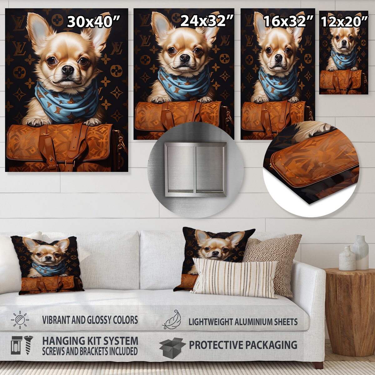 Designart "Boston Terrier Glam With Fashion Bag II" Dog Glam Metal Wall Art Brown Wall Décor Modern Metal Art Work
