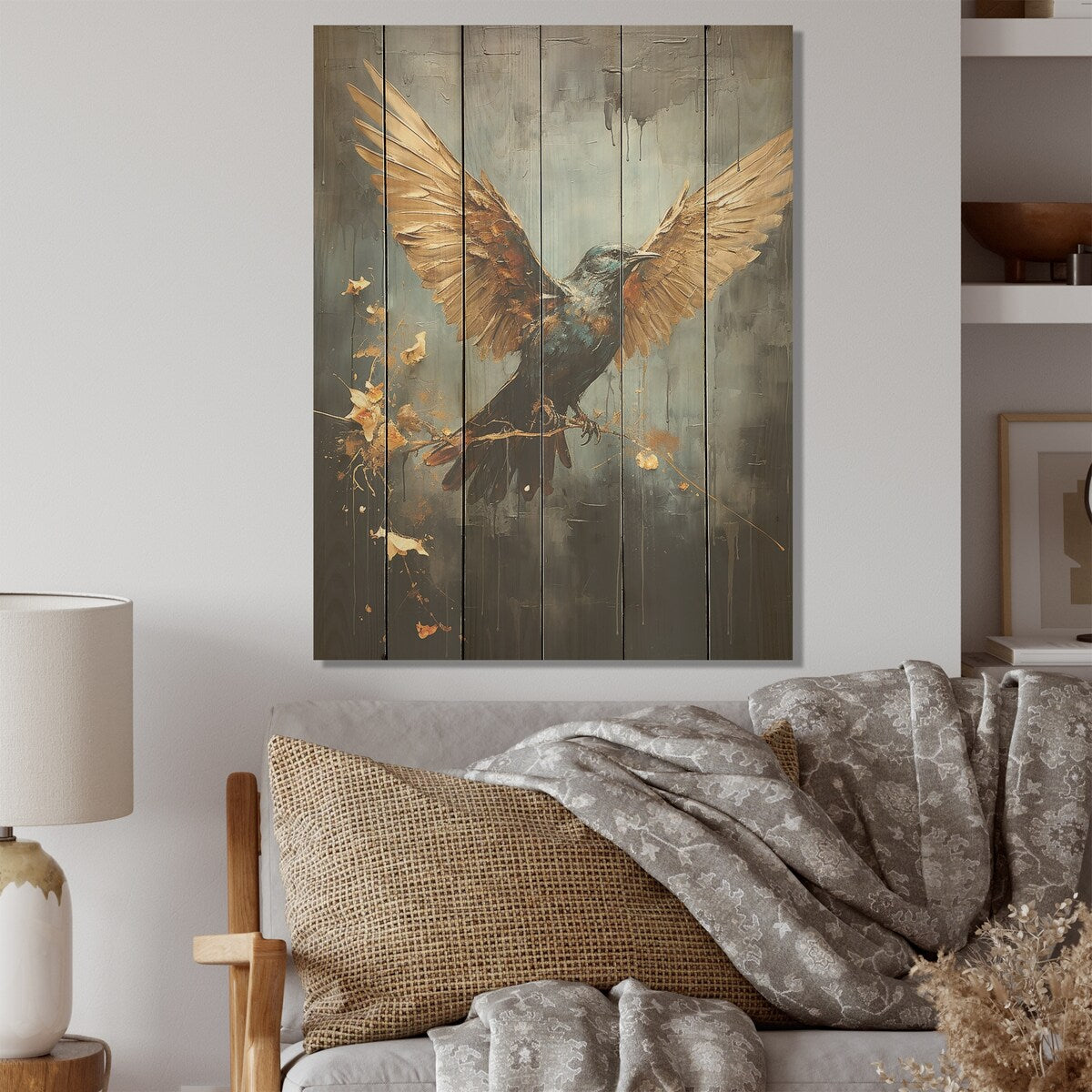 Designart "Bronze Dove Blessing" Dove Wood Wall Decor - Modern Gold Wood Panel On Natural Pine Wood