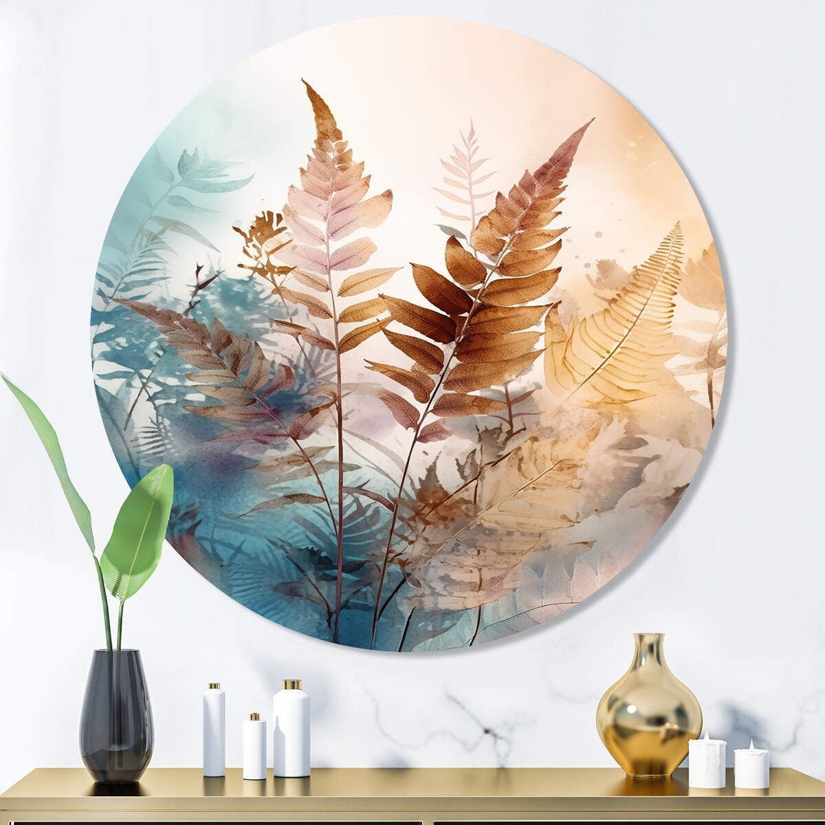 Designart "Brown Fern Fantasia I" Floral Ferns Metal Round Wall Art