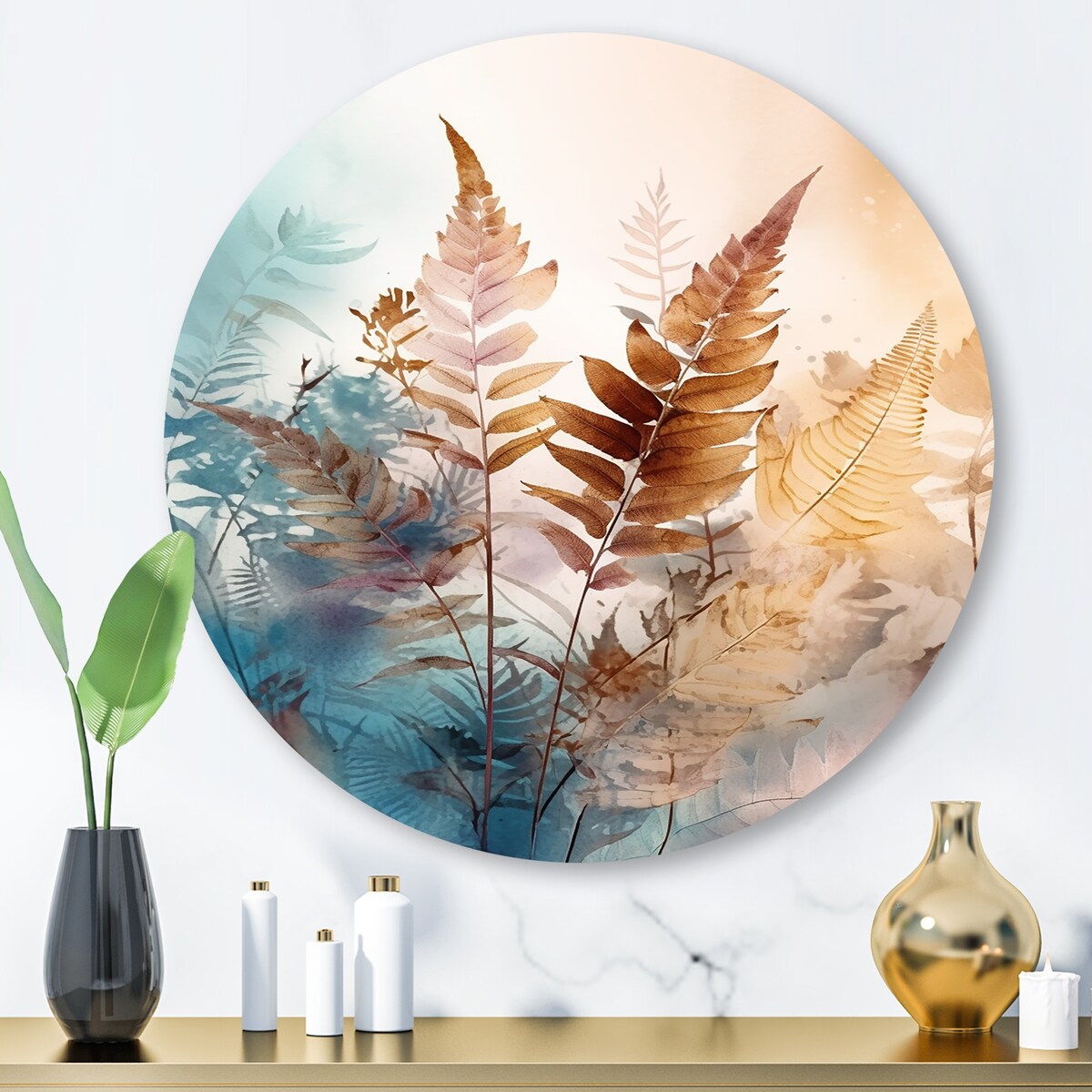 Designart "Brown Fern Fantasia I" Floral Ferns Metal Round Wall Art