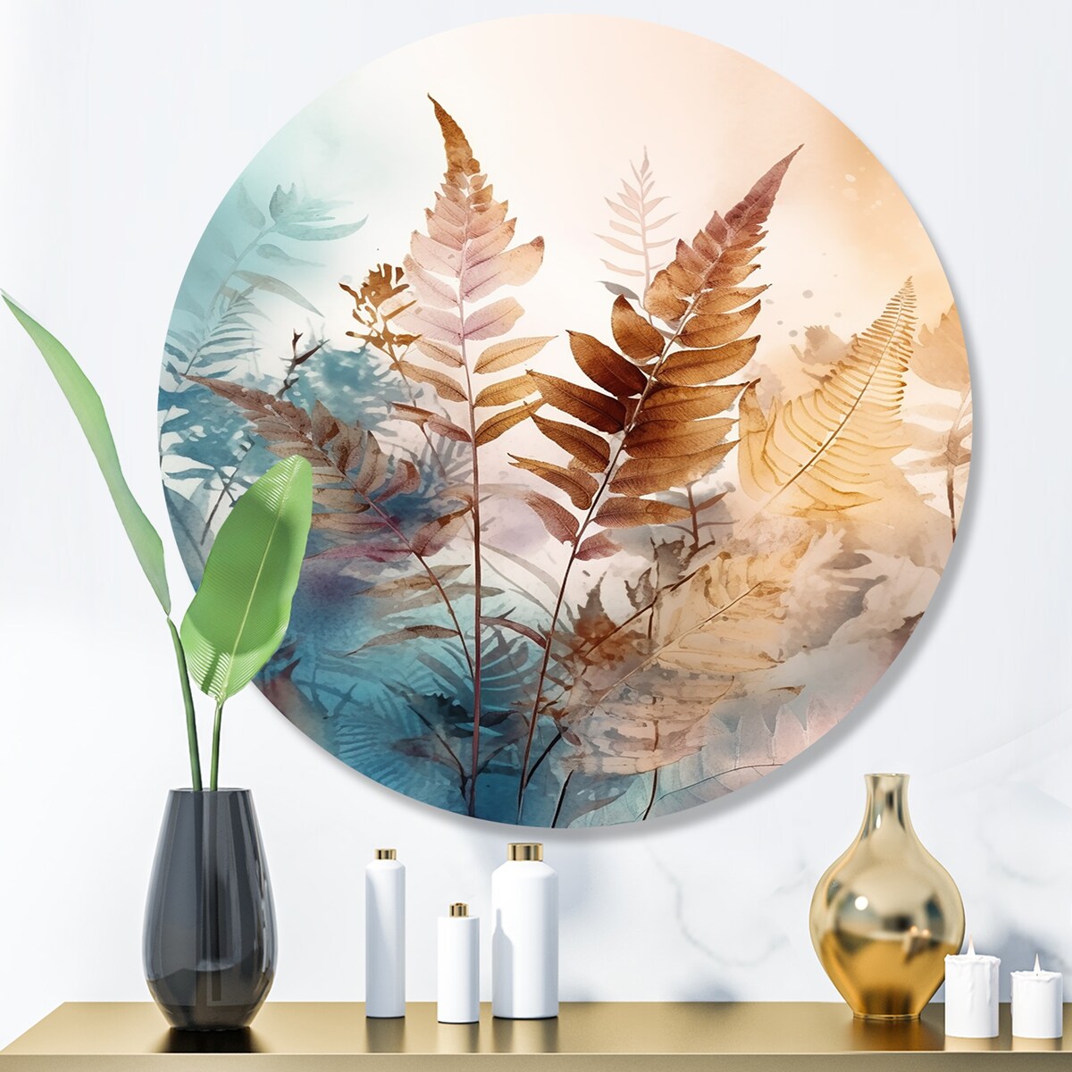 Designart "Brown Fern Fantasia I" Floral Ferns Metal Round Wall Art