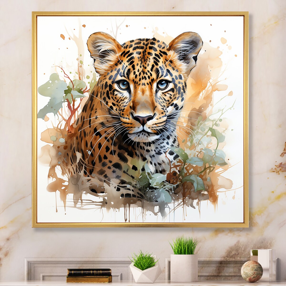 Designart "Brown Leopard Elegance Portrait" Leopard Brown Wall Decor - Modern Entryway Framed Wall Art Print