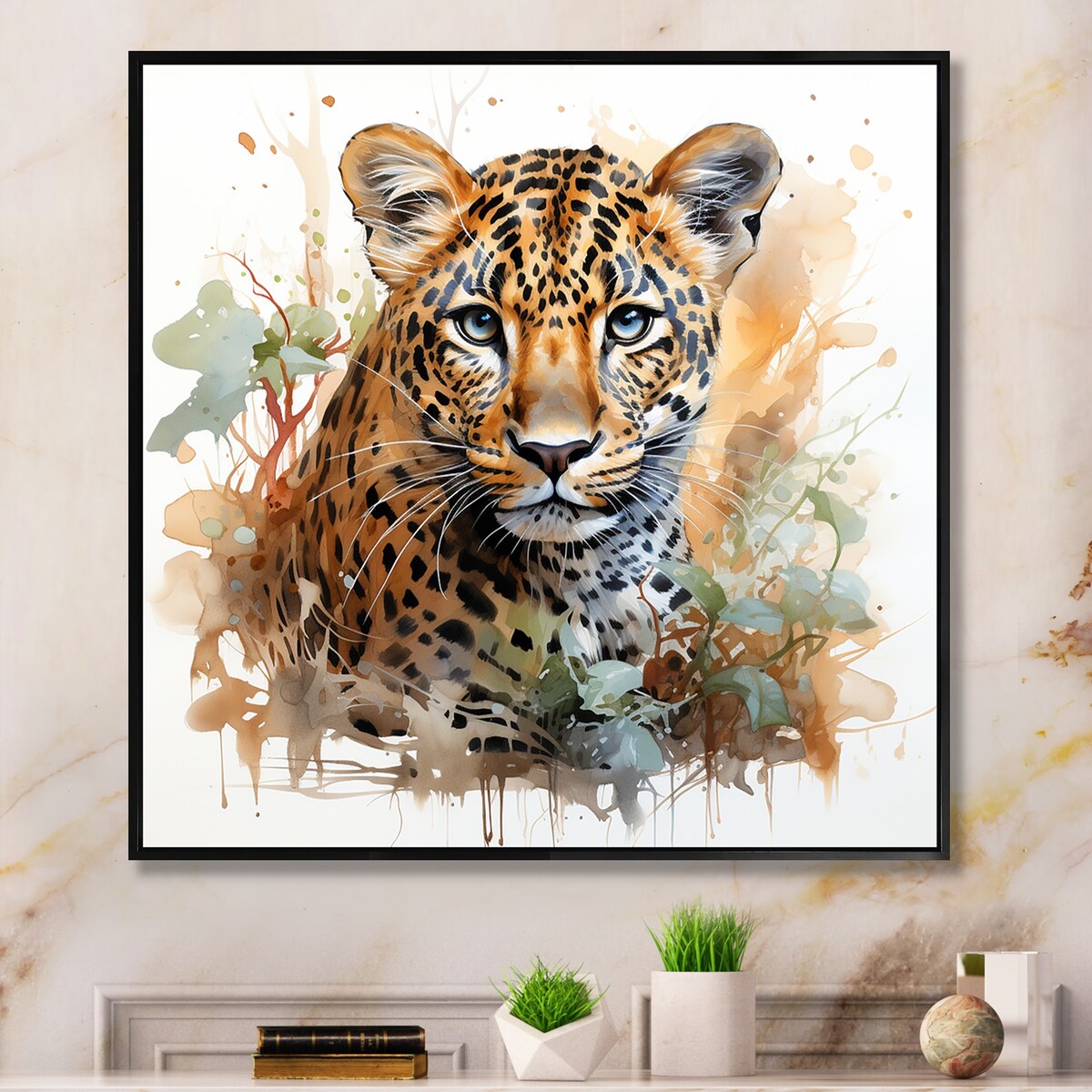Designart "Brown Leopard Elegance Portrait" Leopard Brown Wall Decor - Modern Entryway Framed Wall Art Print