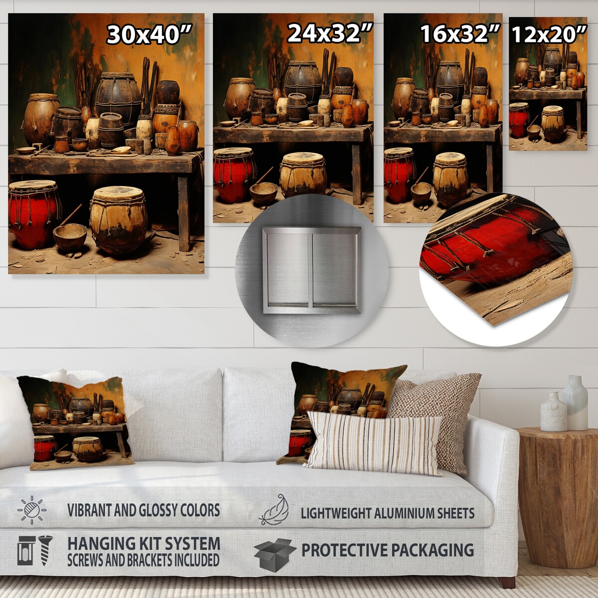 Designart "Brown Music Drums Rhythm Revelry I" Music Metal Wall Art - Brown Metal Wall Décor Traditional Metal Art Work