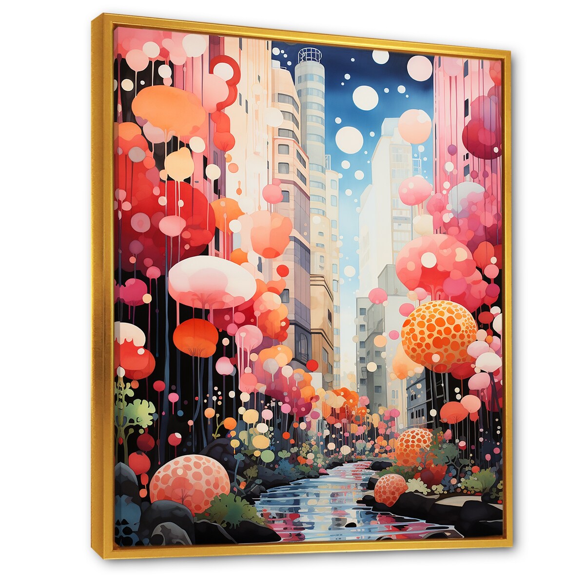 Designart "Bubble Gum Cityscape Horizon I" City Art Deco Pink Wall Decor - Industrial Bedroom Framed Canvas Wall Art