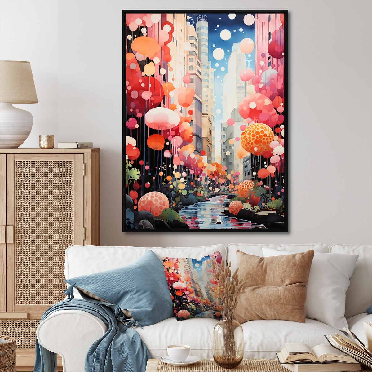 Designart "Bubble Gum Cityscape Horizon I" City Art Deco Pink Wall Decor - Industrial Bedroom Framed Canvas Wall Art