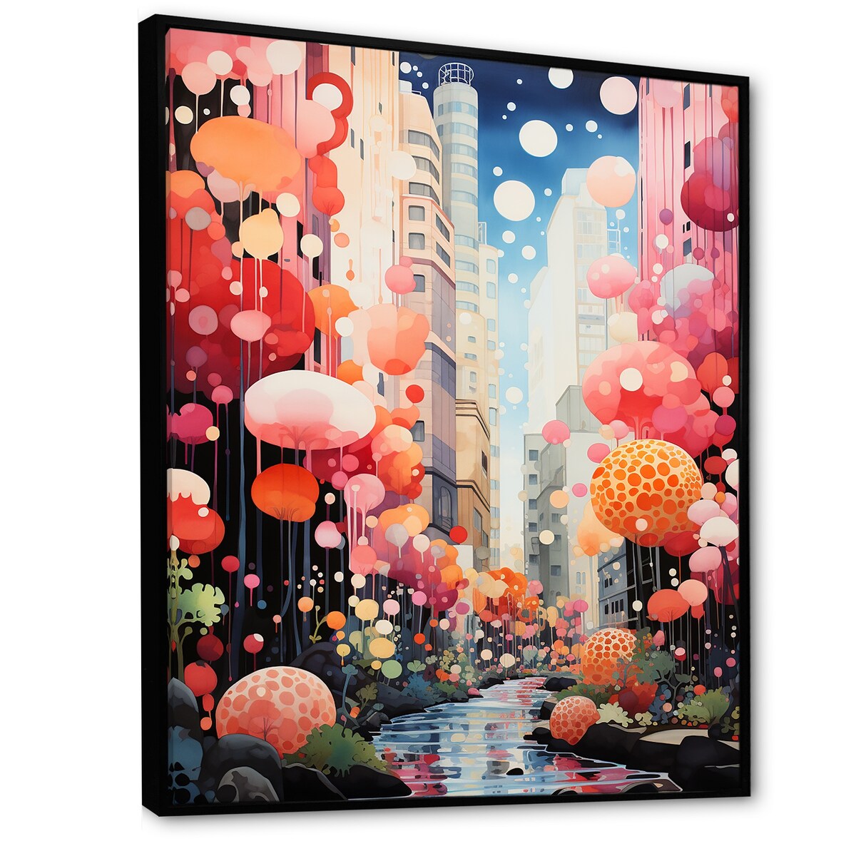Designart "Bubble Gum Cityscape Horizon I" City Art Deco Pink Wall Decor - Industrial Bedroom Framed Canvas Wall Art