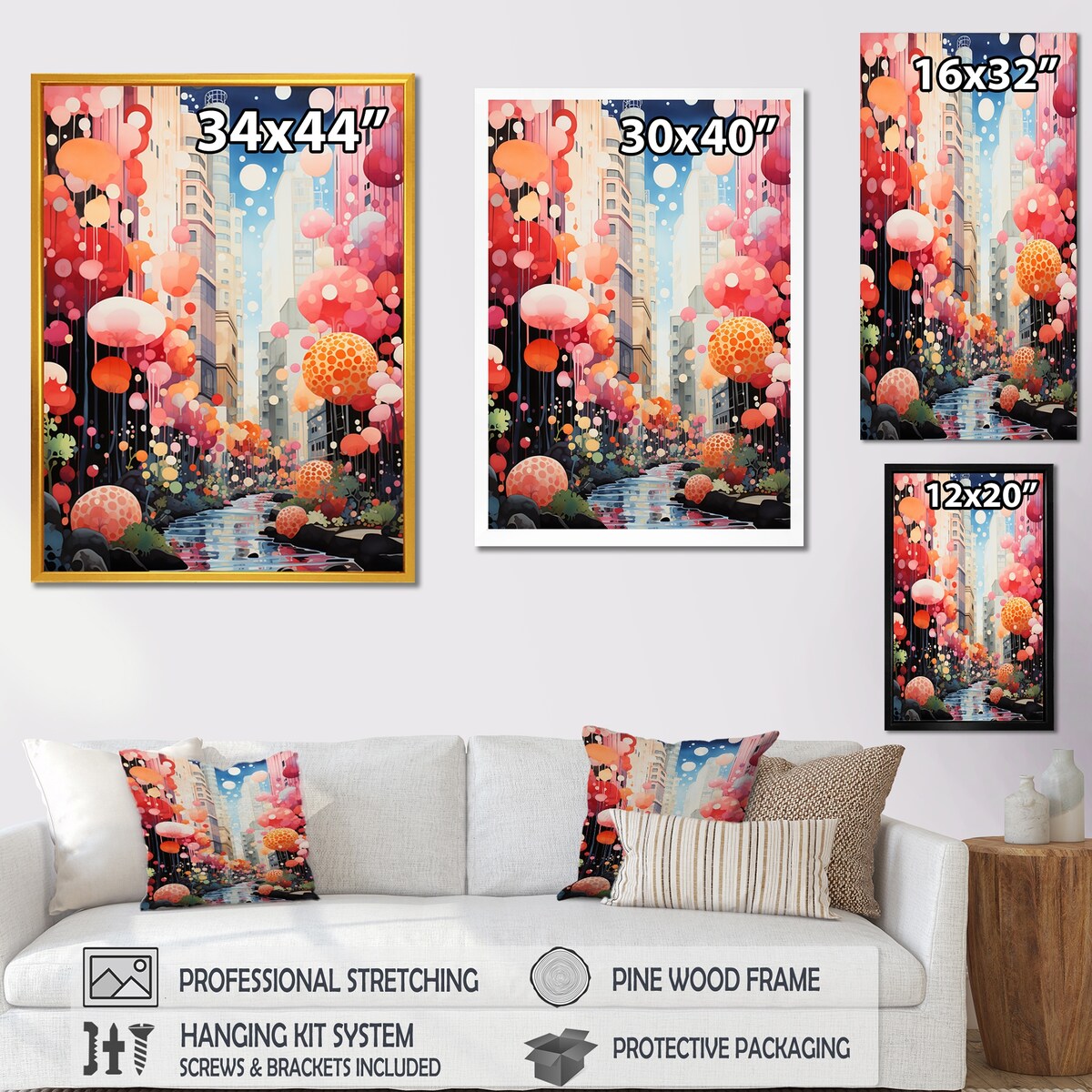 Designart "Bubble Gum Cityscape Horizon I" City Art Deco Pink Wall Decor - Industrial Bedroom Framed Canvas Wall Art