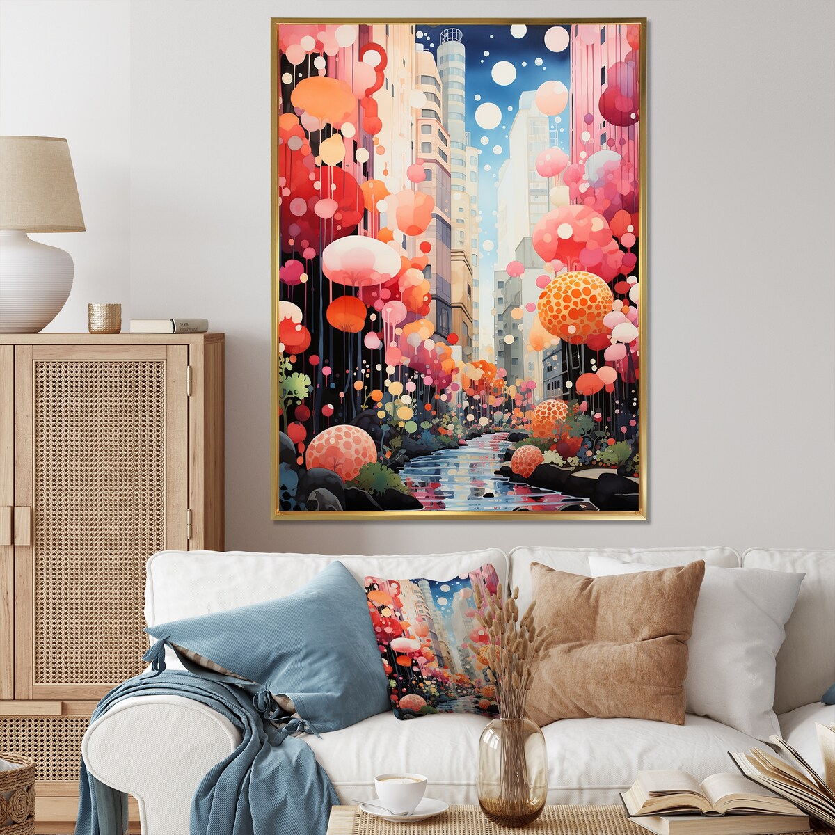 Designart "Bubble Gum Cityscape Horizon I" City Art Deco Pink Wall Decor - Industrial Bedroom Framed Canvas Wall Art
