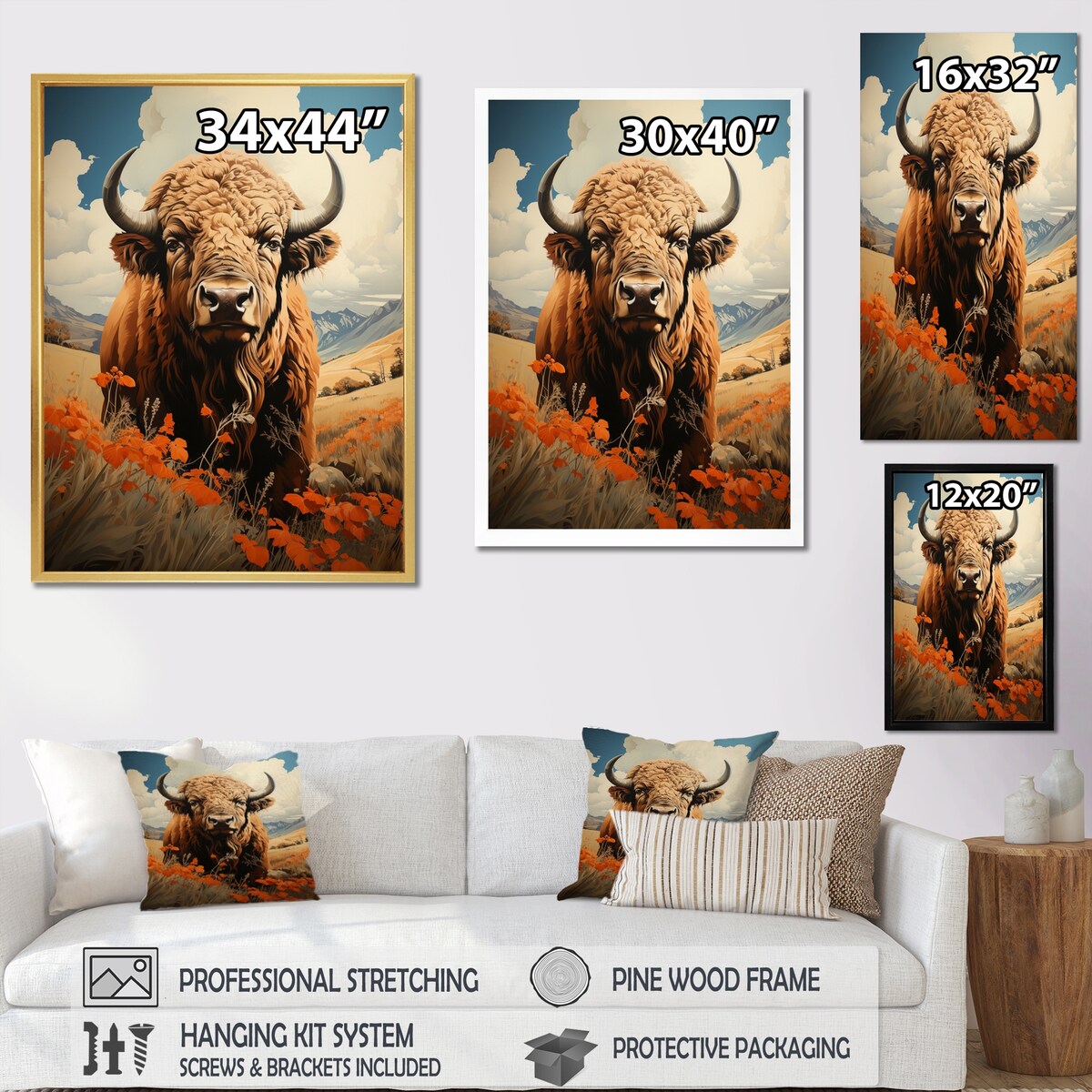 Designart "Buffalo Majestic Bison Pastoral III" Animals Bison Framed Canvas Wall Art