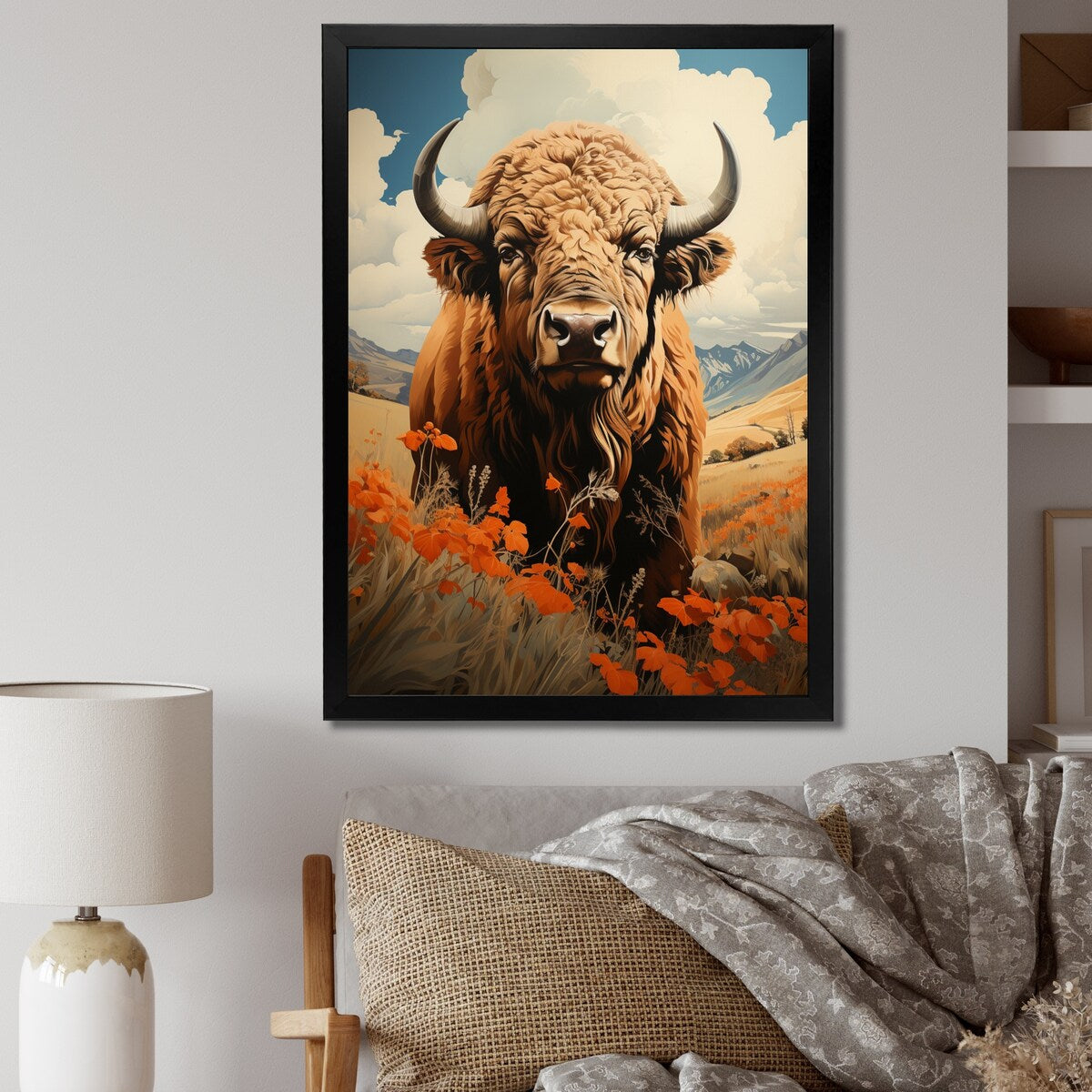 Designart "Buffalo Majestic Bison Pastoral III" Animals Bison Framed Canvas Wall Art