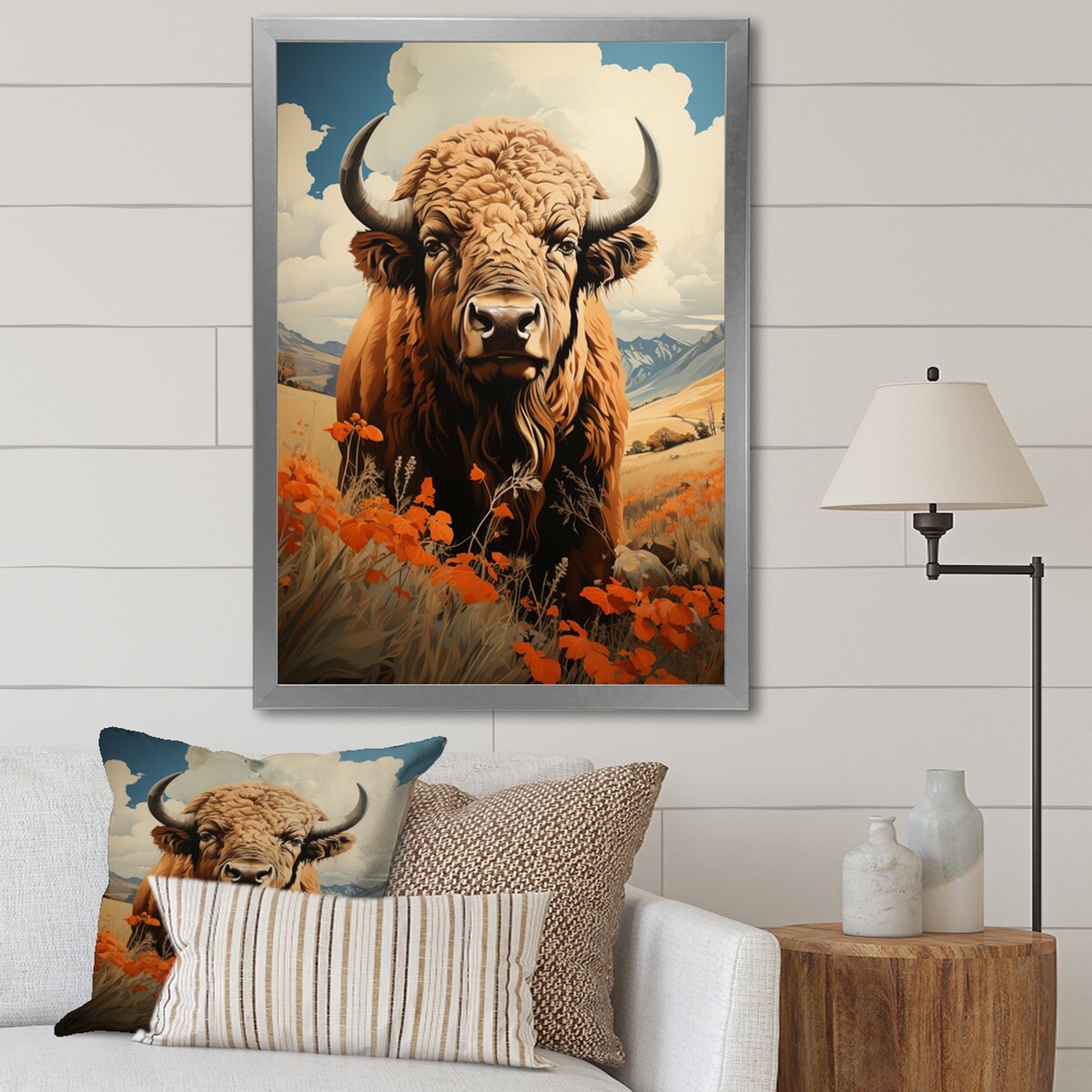 Designart "Buffalo Majestic Bison Pastoral III" Animals Bison Framed Canvas Wall Art