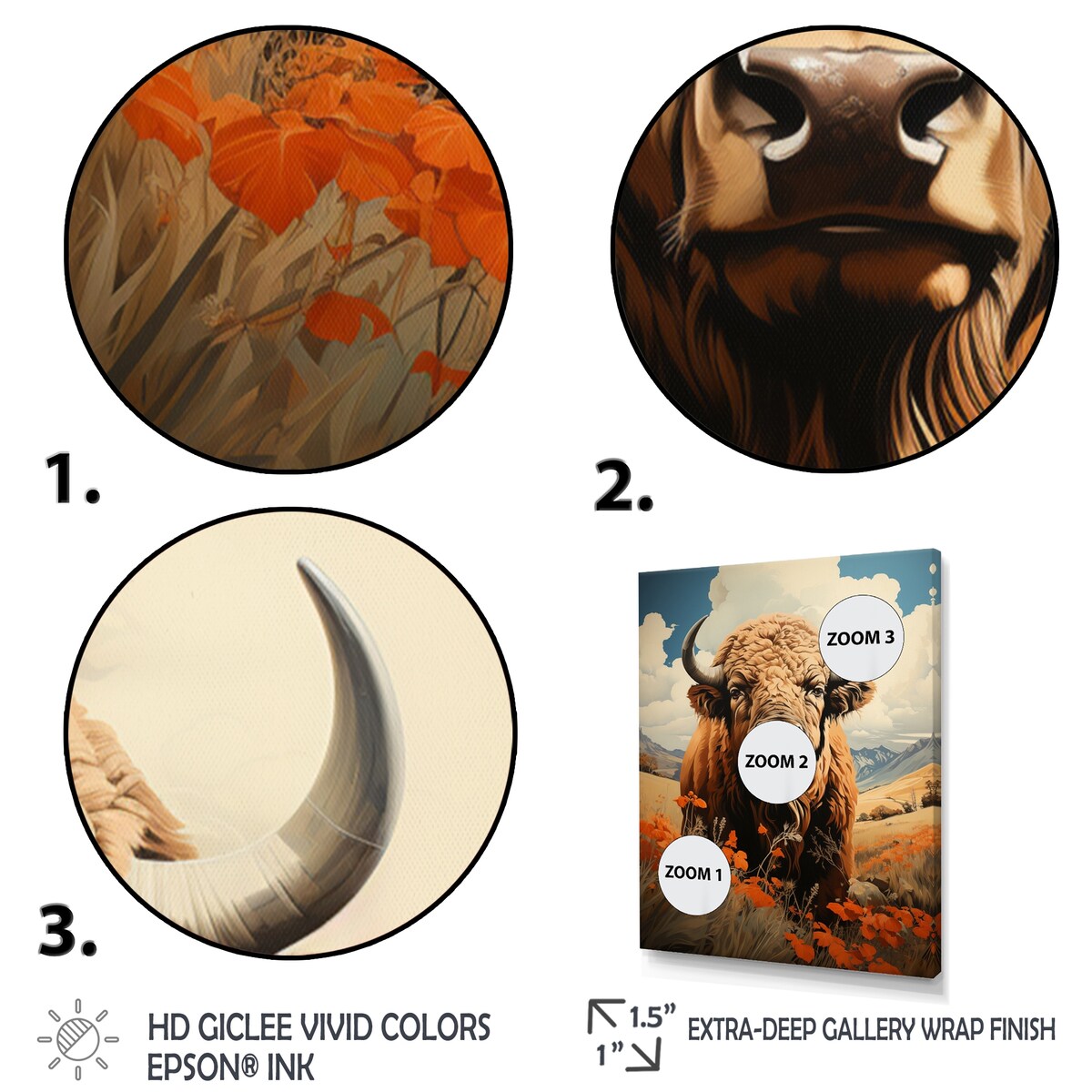 Designart "Buffalo Majestic Bison Pastoral III" Animals Bison Framed Canvas Wall Art
