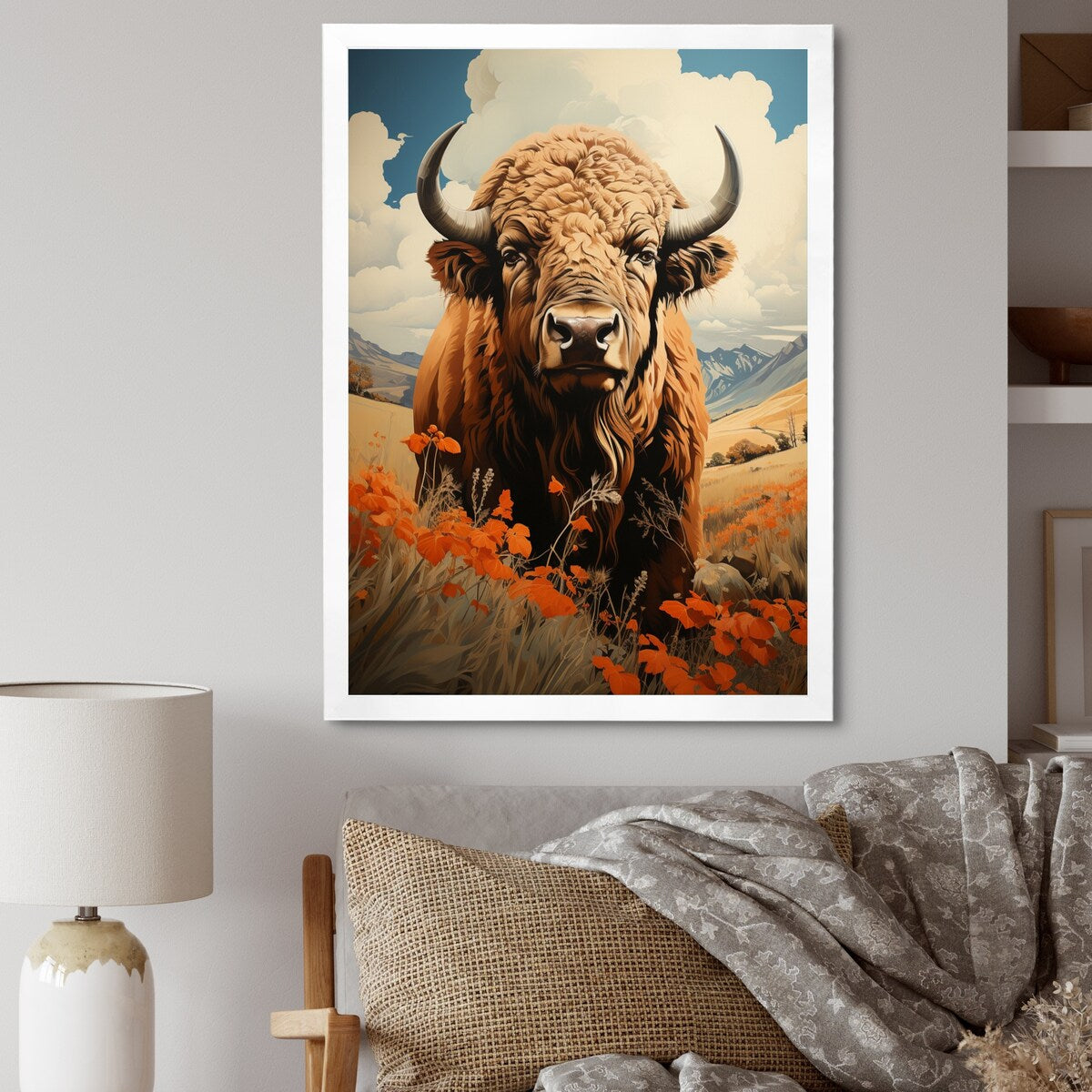 Designart "Buffalo Majestic Bison Pastoral III" Animals Bison Framed Canvas Wall Art