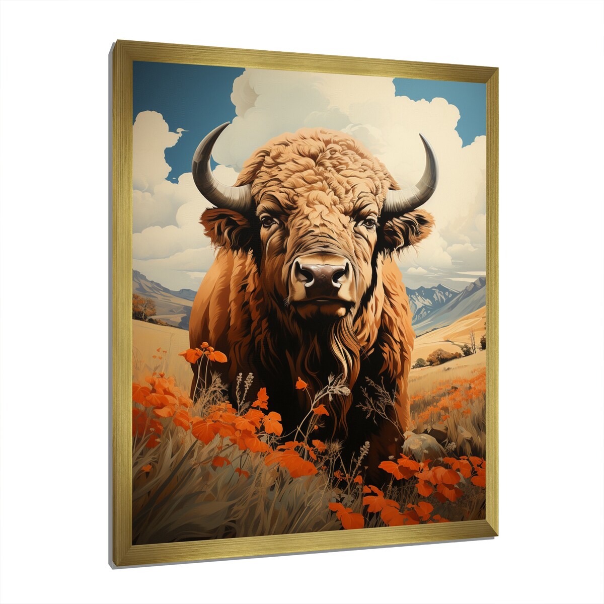 Designart "Buffalo Majestic Bison Pastoral III" Animals Bison Framed Canvas Wall Art