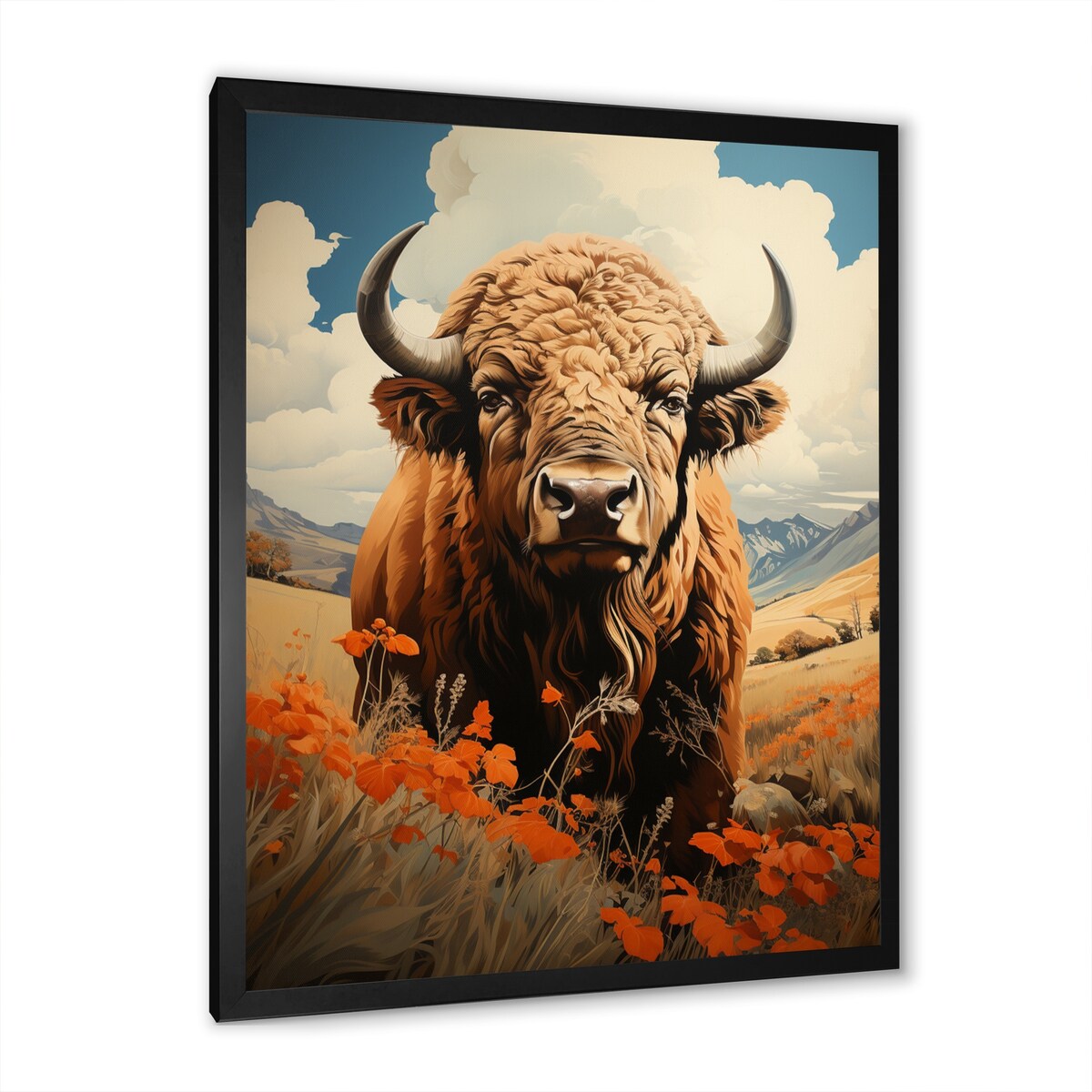 Designart "Buffalo Majestic Bison Pastoral III" Animals Bison Framed Canvas Wall Art