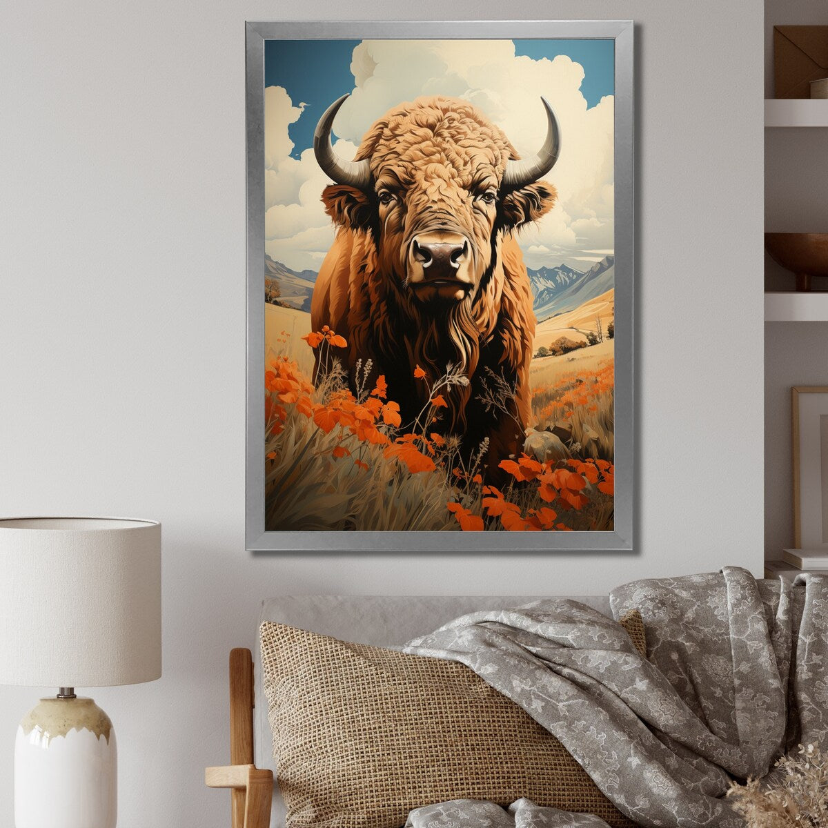 Designart "Buffalo Majestic Bison Pastoral III" Animals Bison Framed Canvas Wall Art