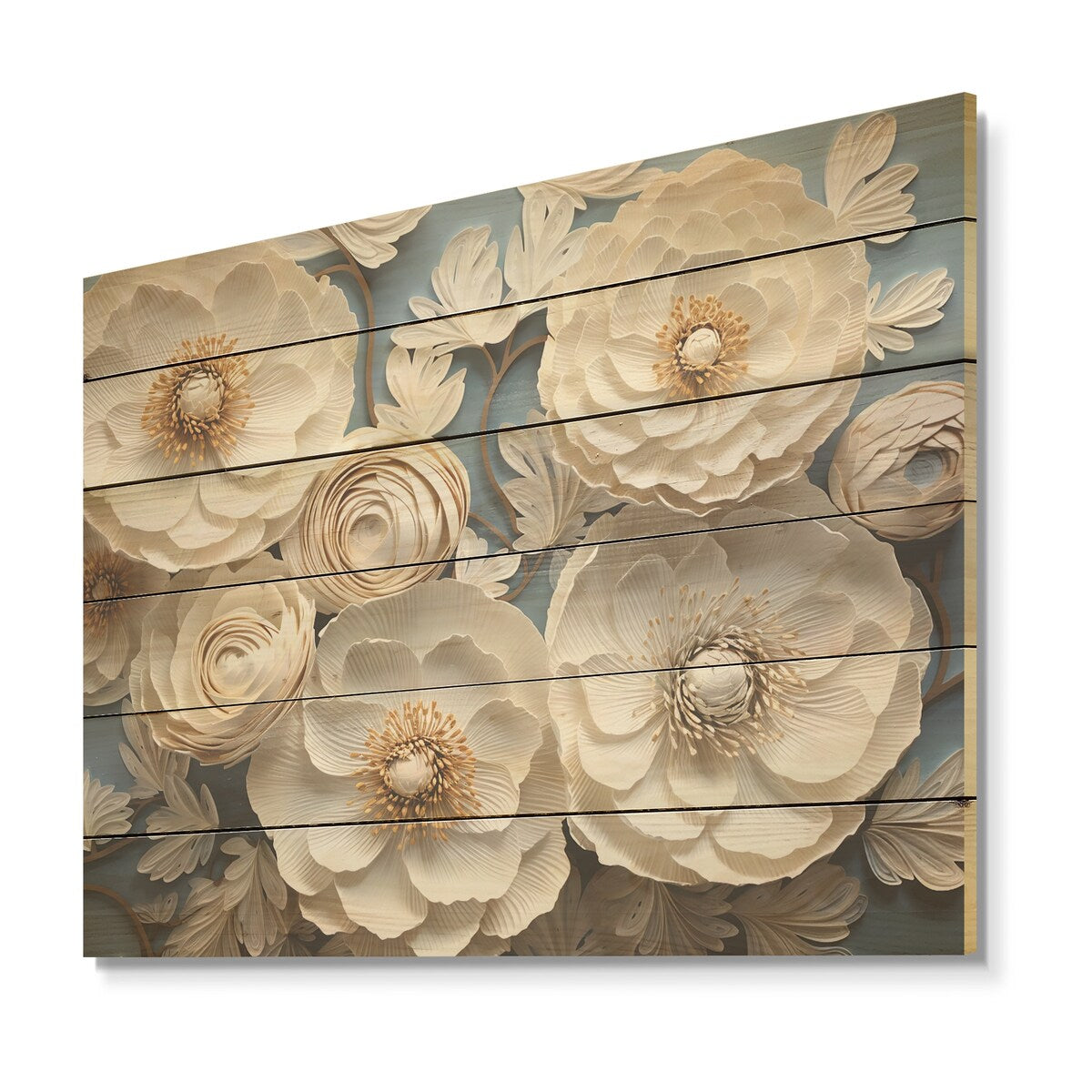 Designart "Burst Of Ranunculus Beauty I" Ranunculus Wood Wall Decor Traditional Beige Wood Panel On Natural Pine Wood